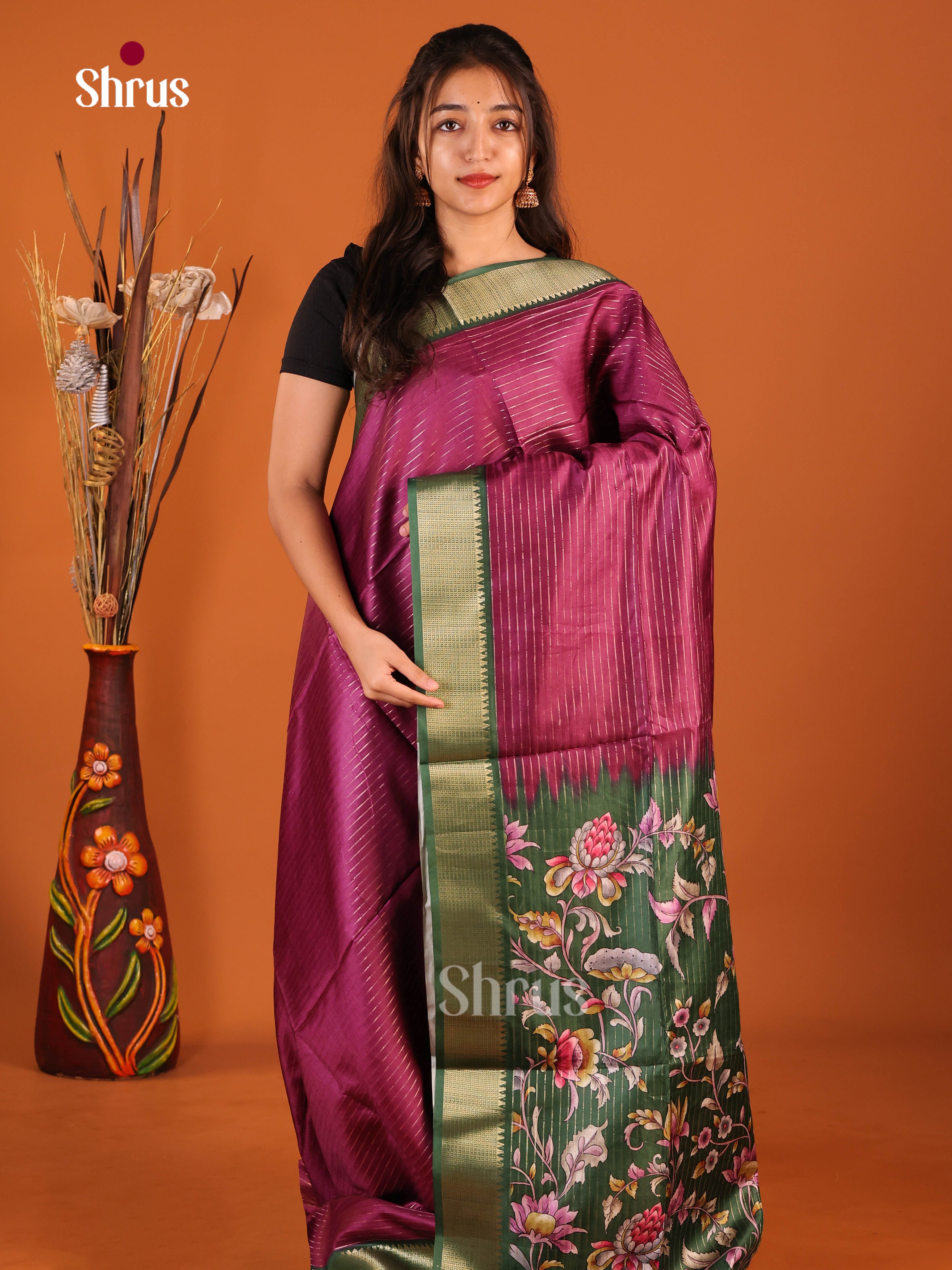 Wine & Green - Semi Dola silk Saree