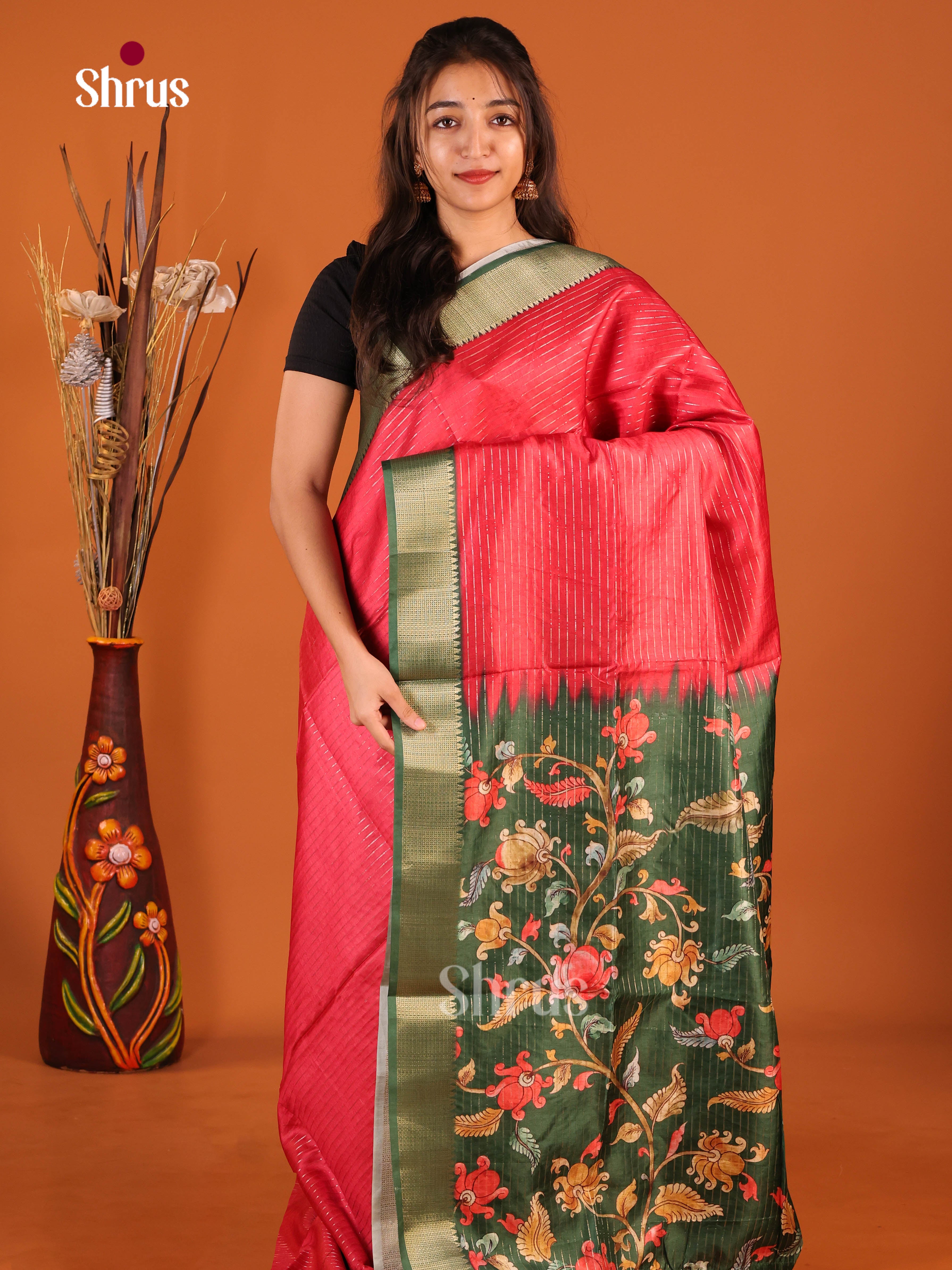 Red & Green - Semi Dola silk Saree