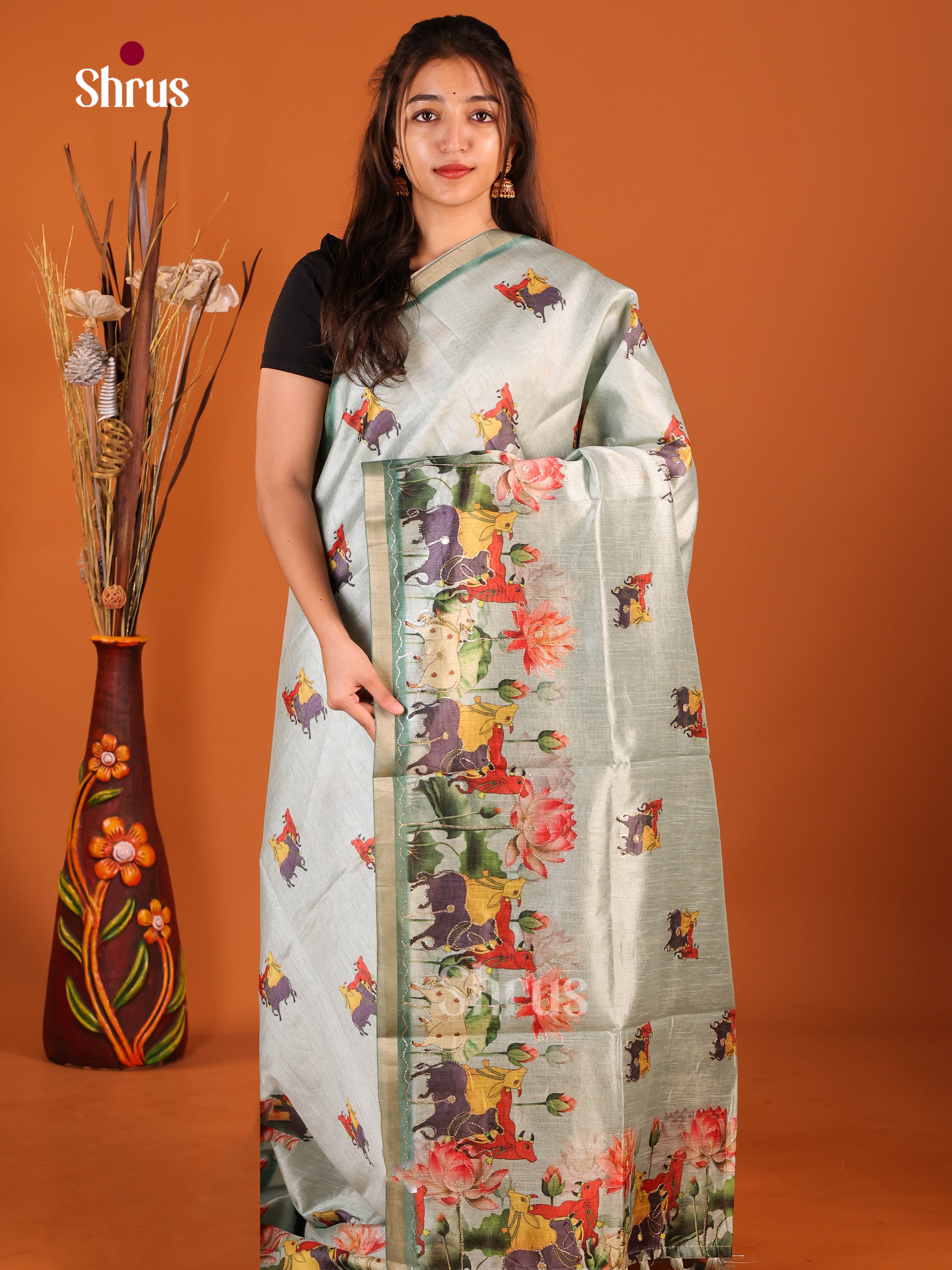 Grey & Green - Semi Chanderi Saree - Shop on Shrus.com