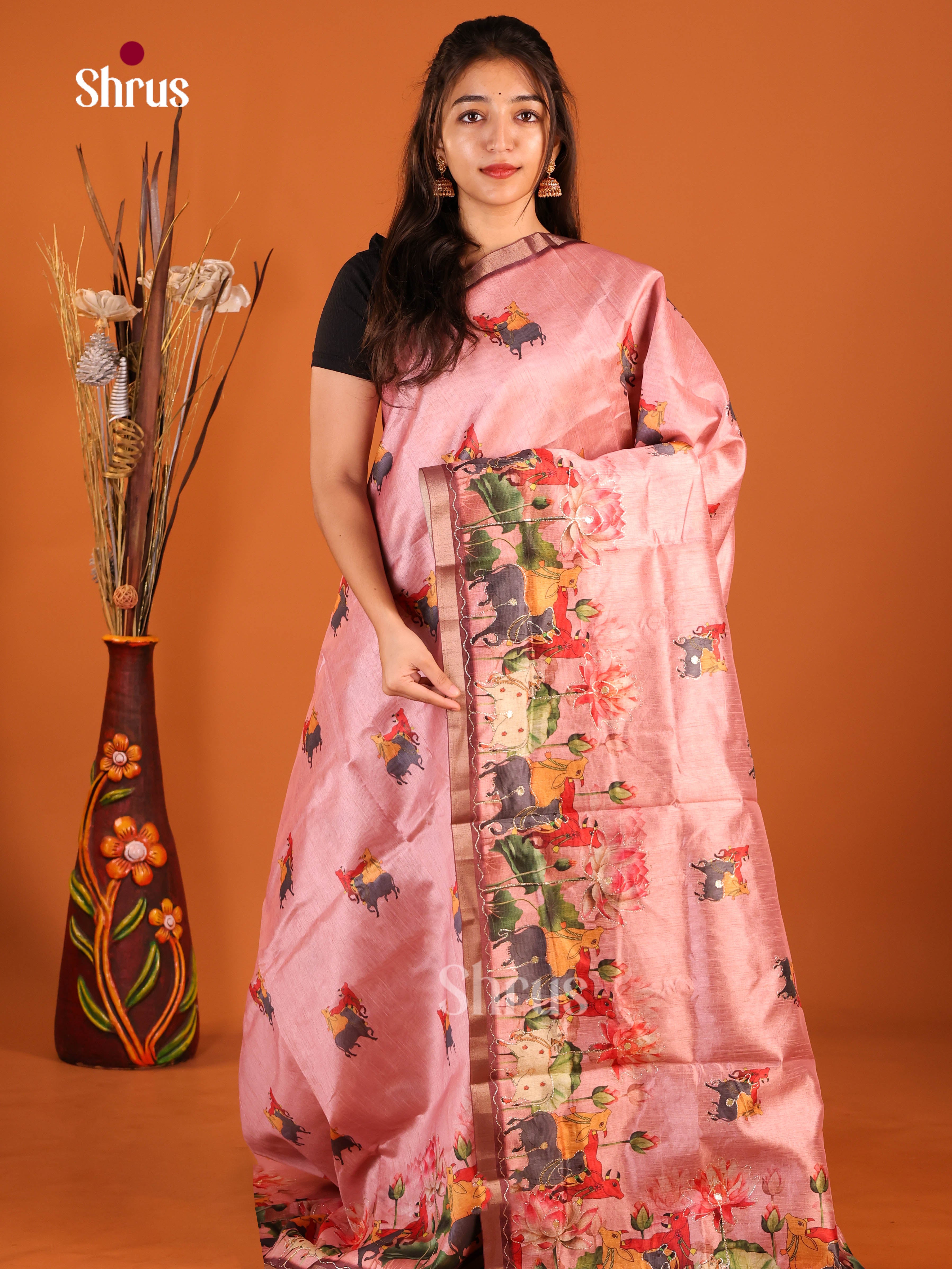 Onion Pink - Semi Chanderi Saree - Shop on Shrus.com