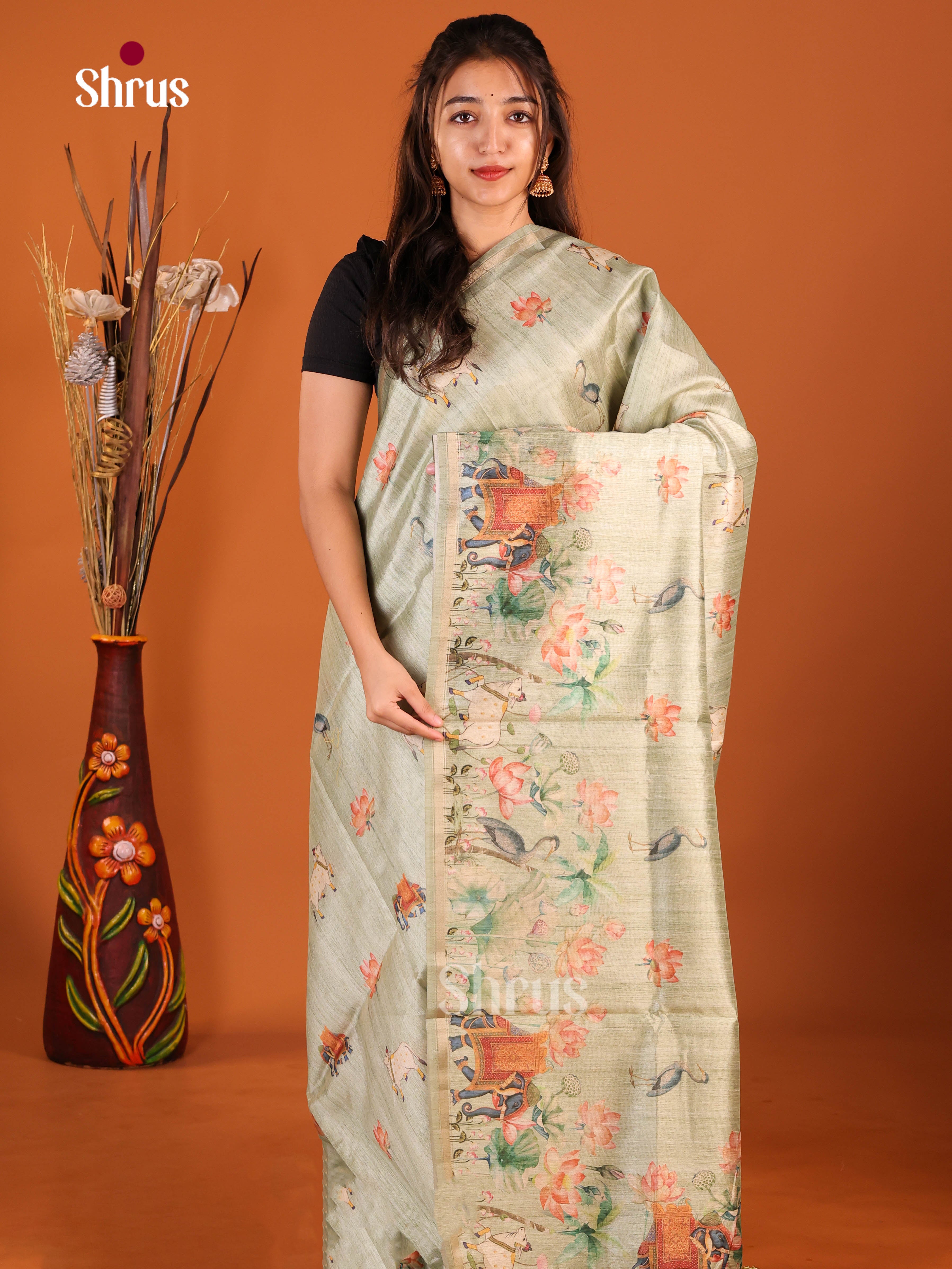 Grey Green- Semi Chanderi Saree