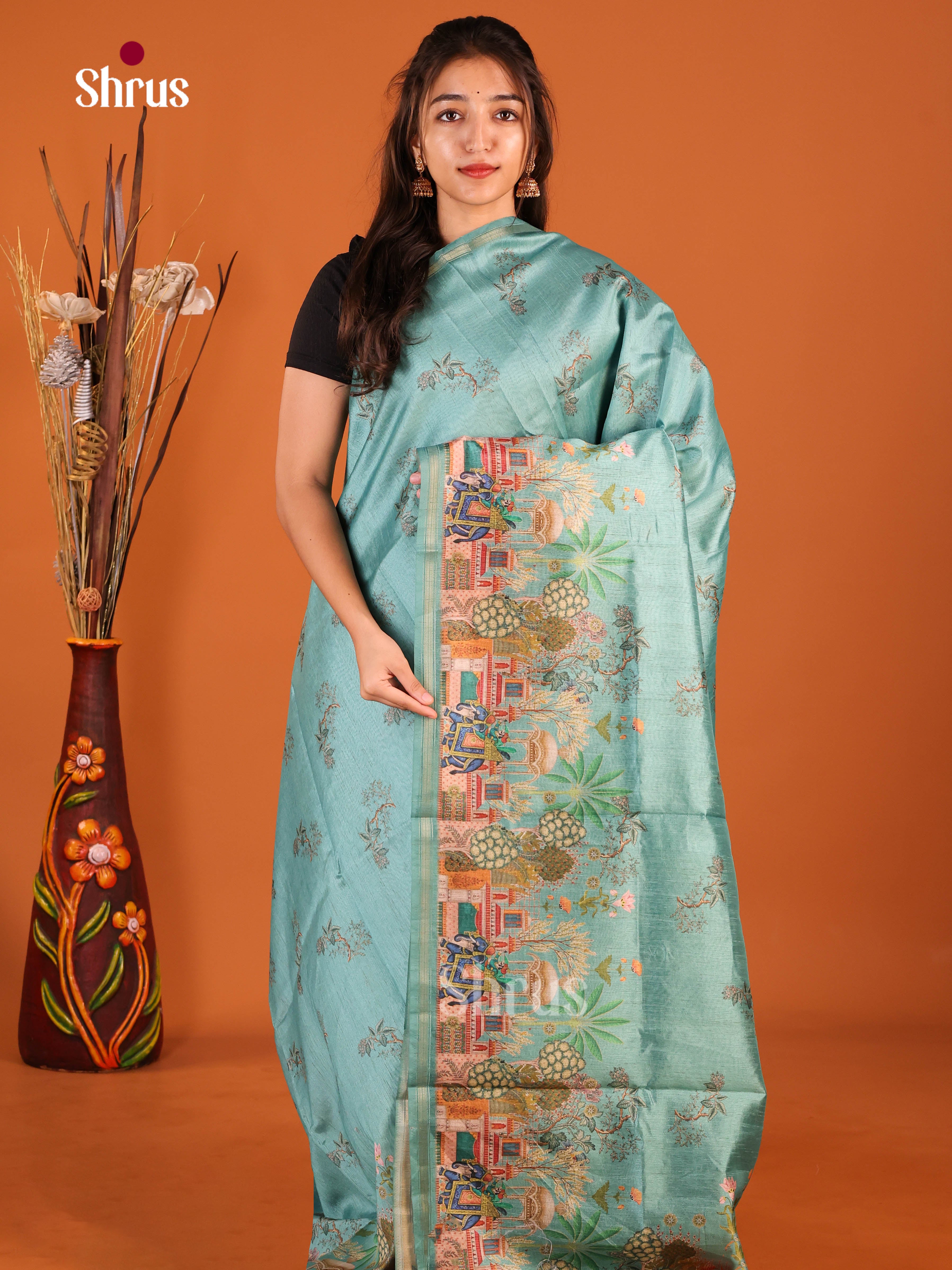Pastel Blue - Semi Chanderi Saree - Shop on Shrus.com