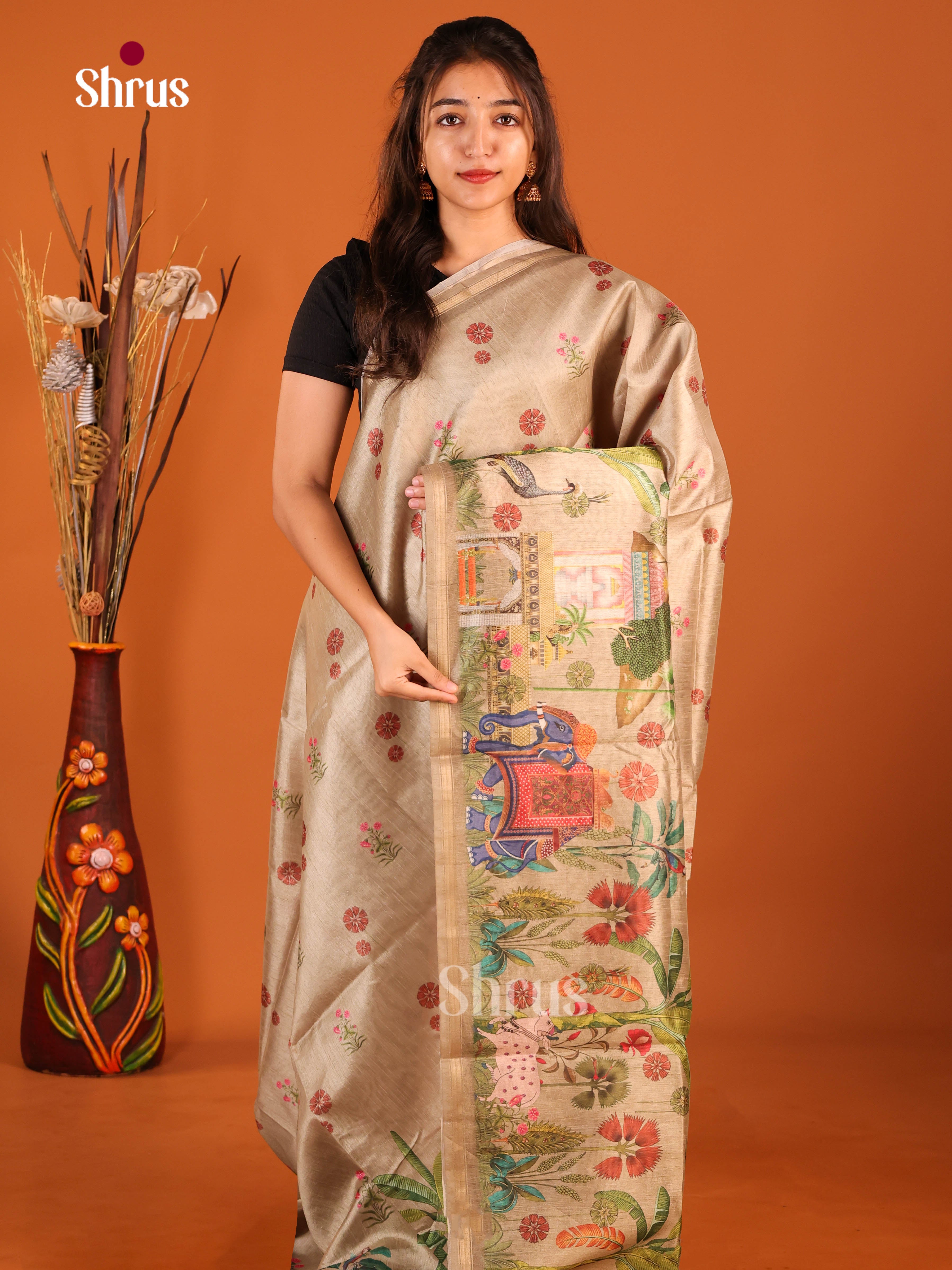 Pastel Grey- Semi Chanderi Saree - Shop on Shrus.com