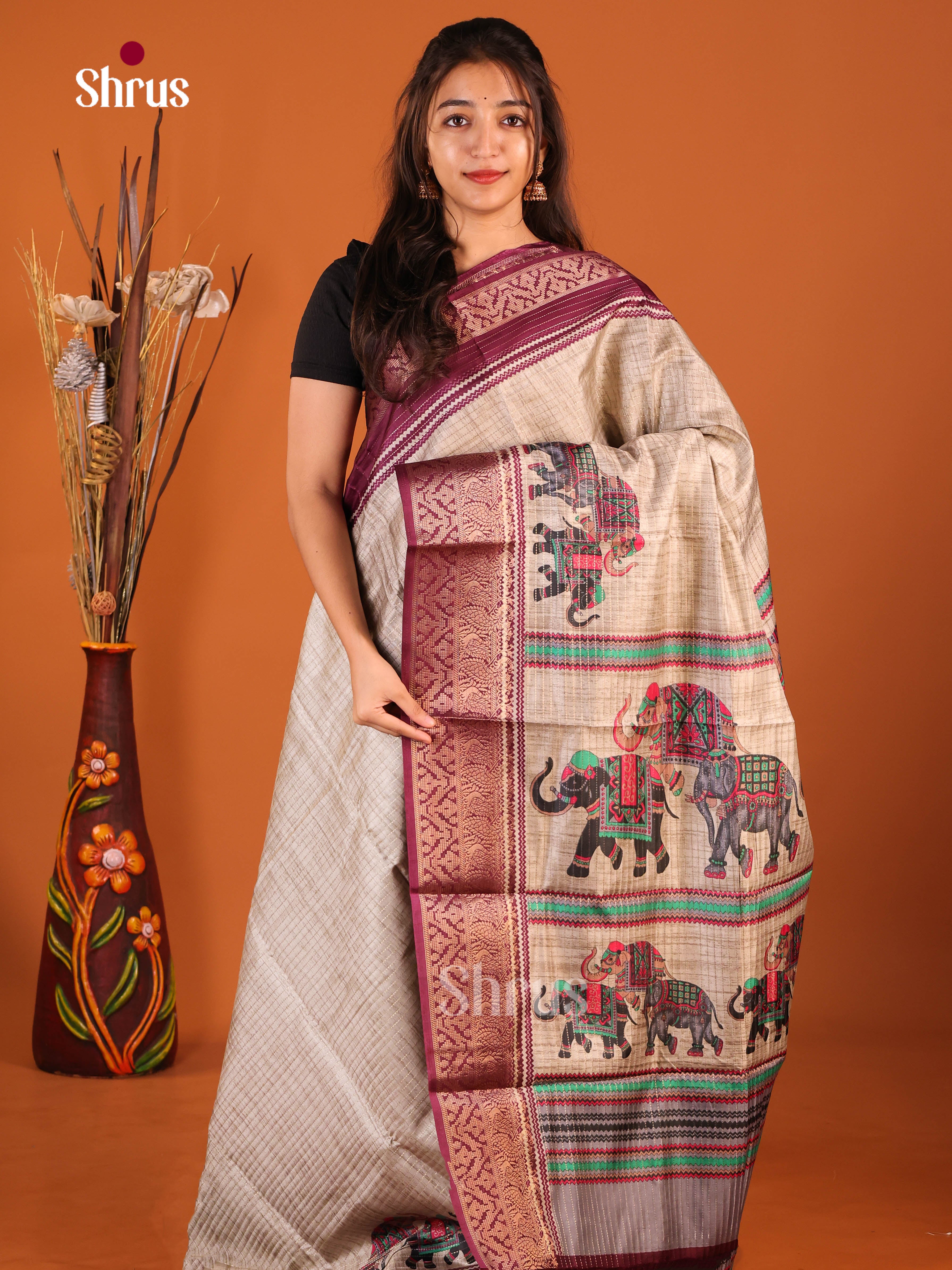 Grey & Maroon - Semi Dola silk Saree
