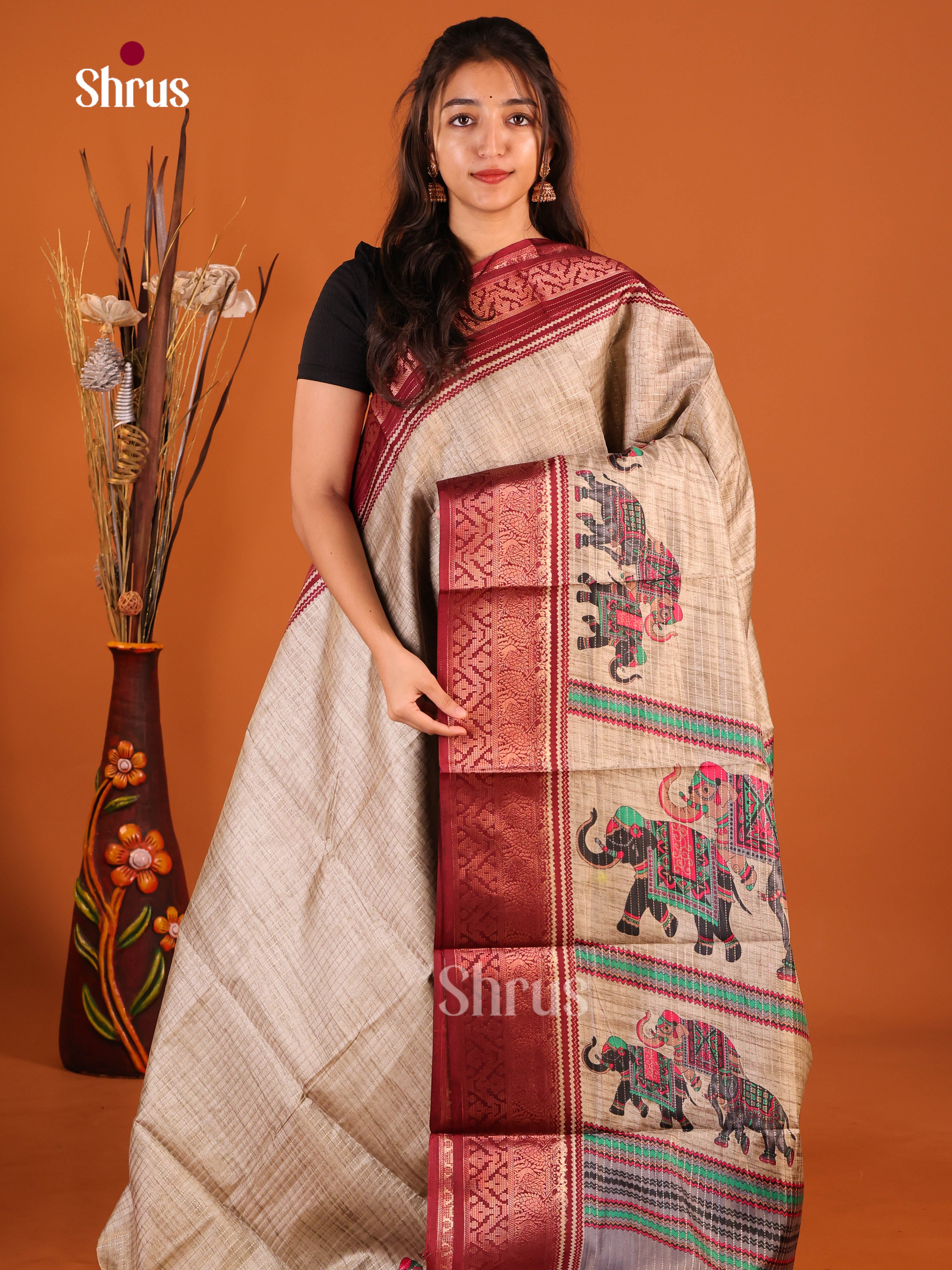 Grey & Maroon - Semi Dola silk Saree