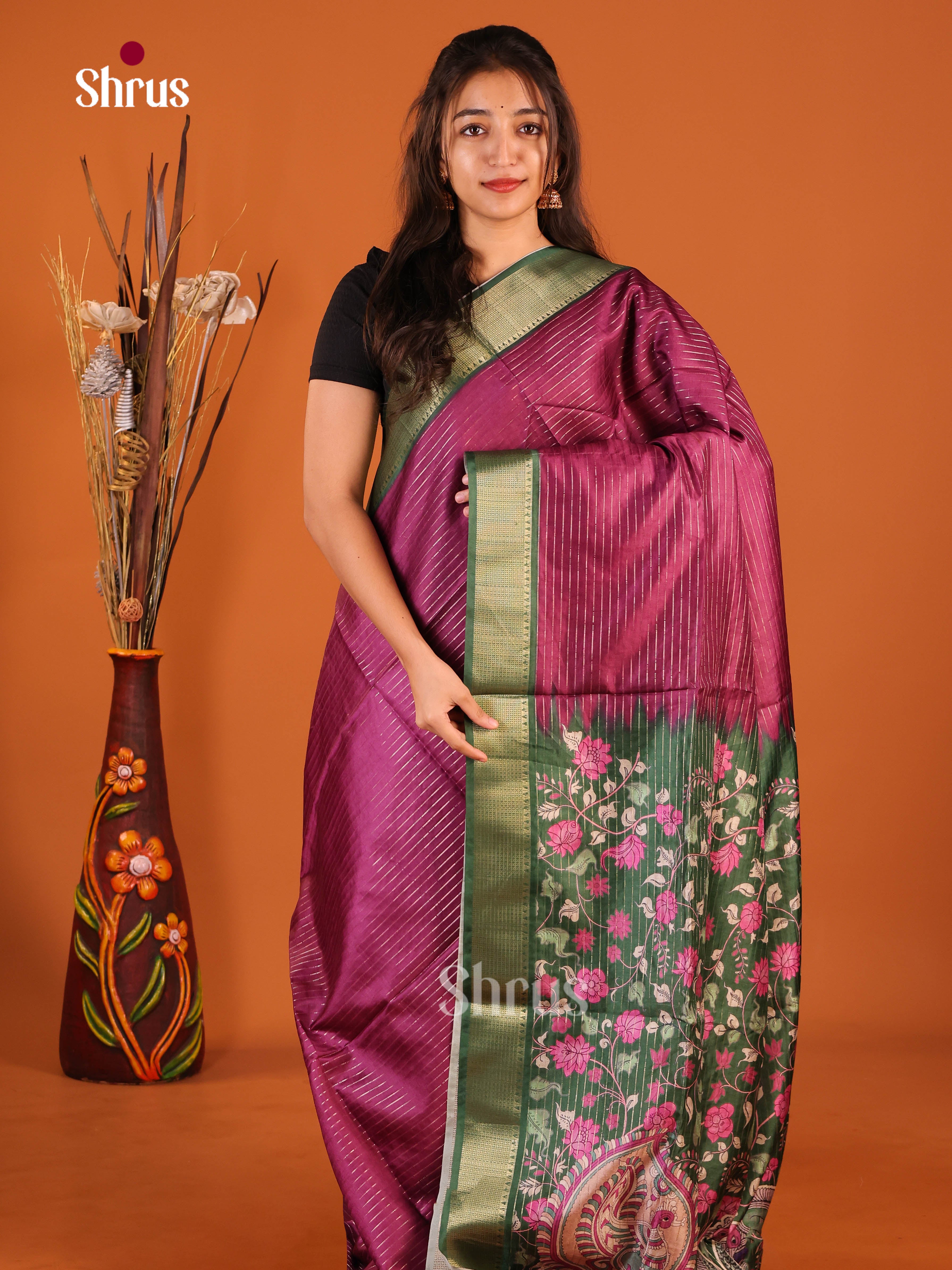 Wine & Green - Semi Dola silk Saree