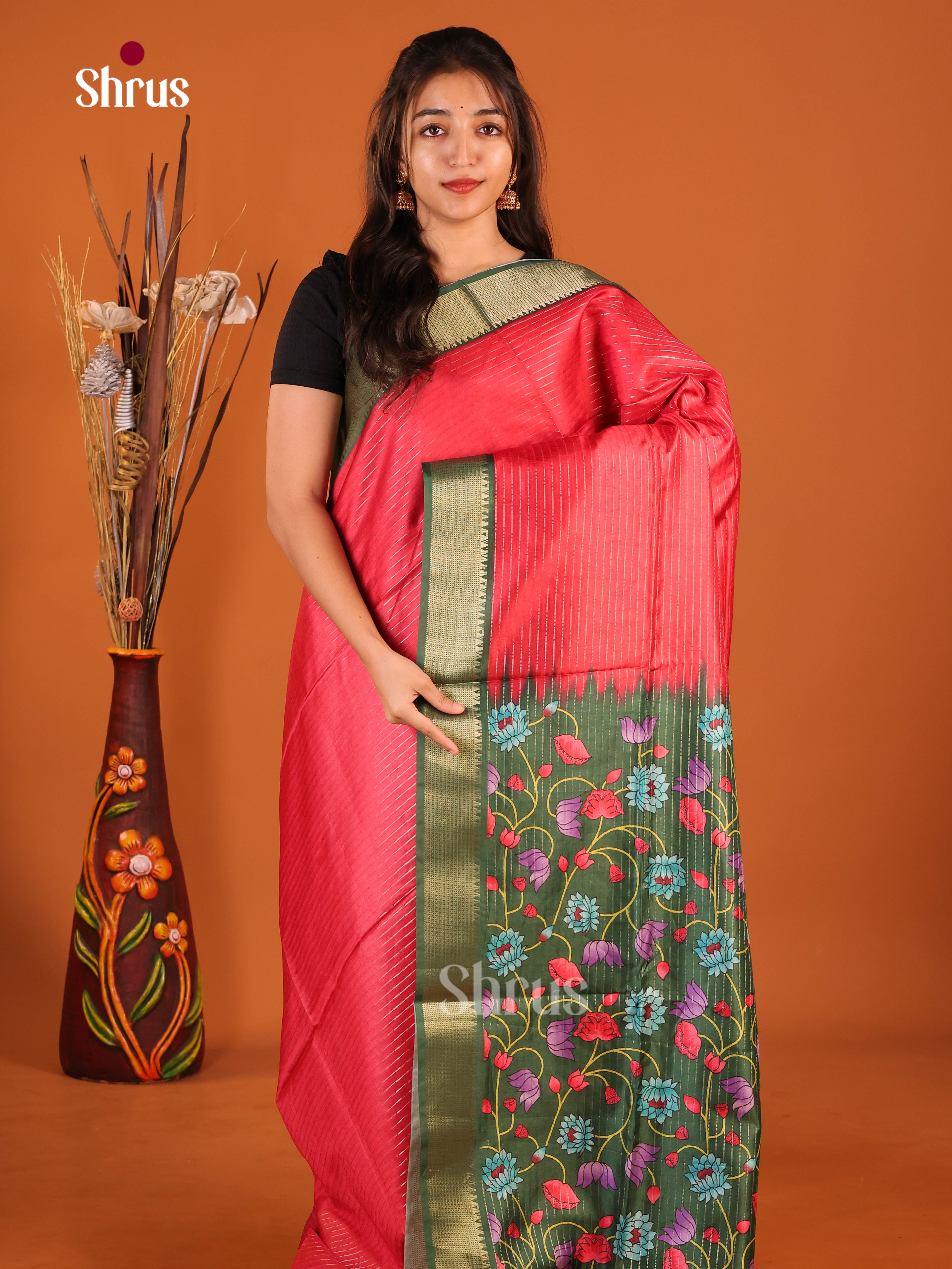 Red & green - Semi Dola silk Saree