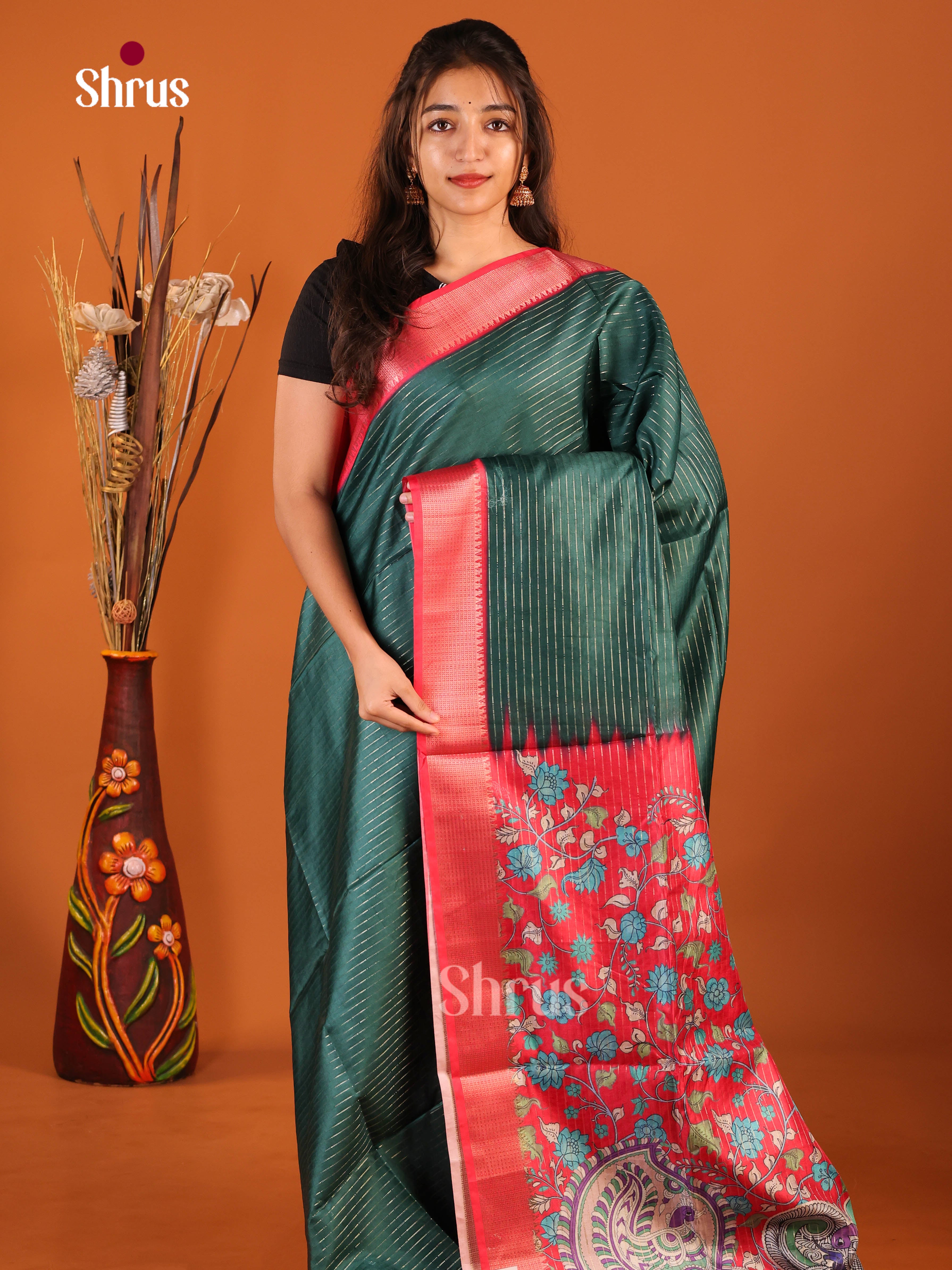 Green & Red - Semi Dola silk Saree