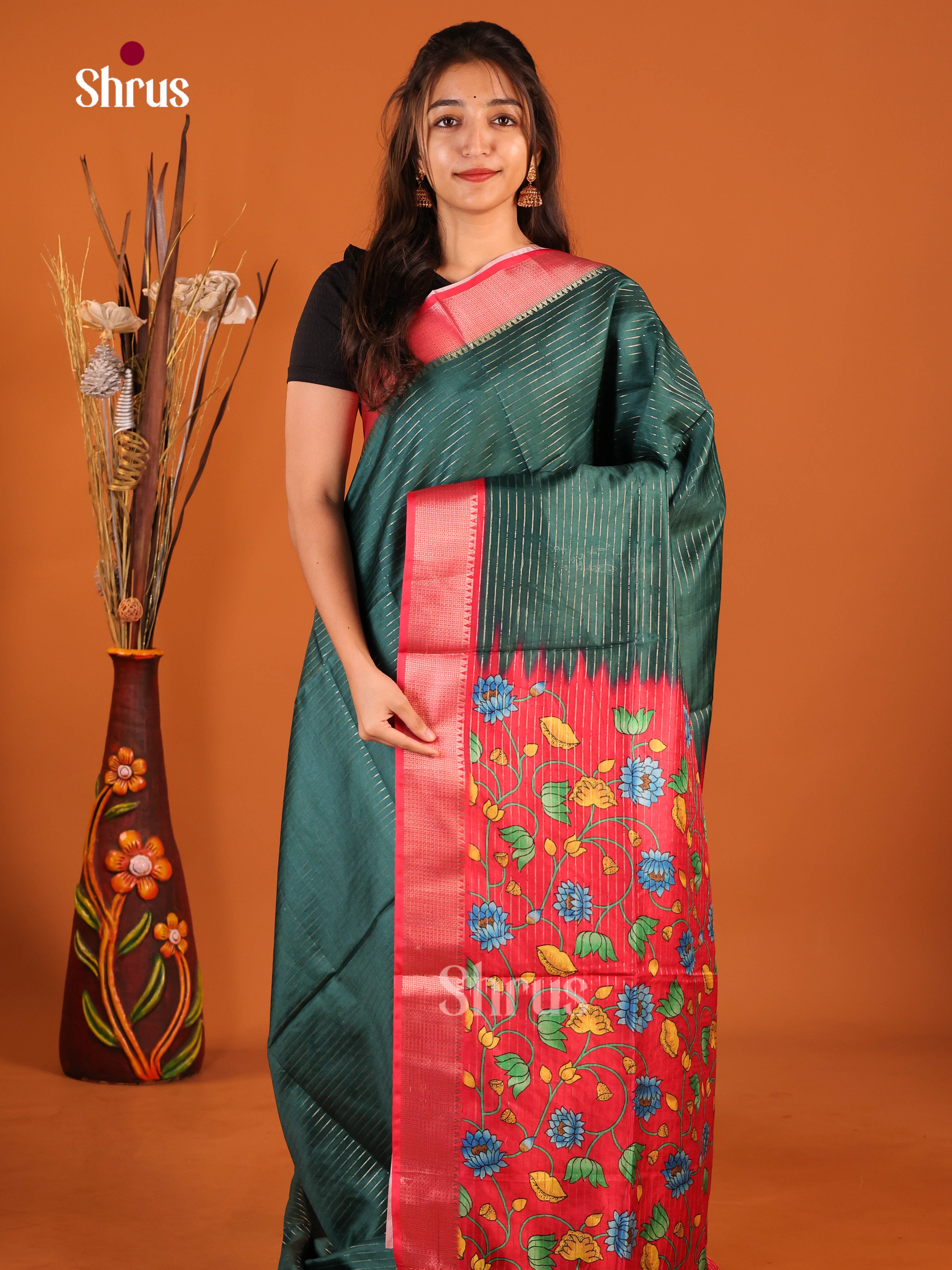 Green & Red - Semi Dola silk Saree