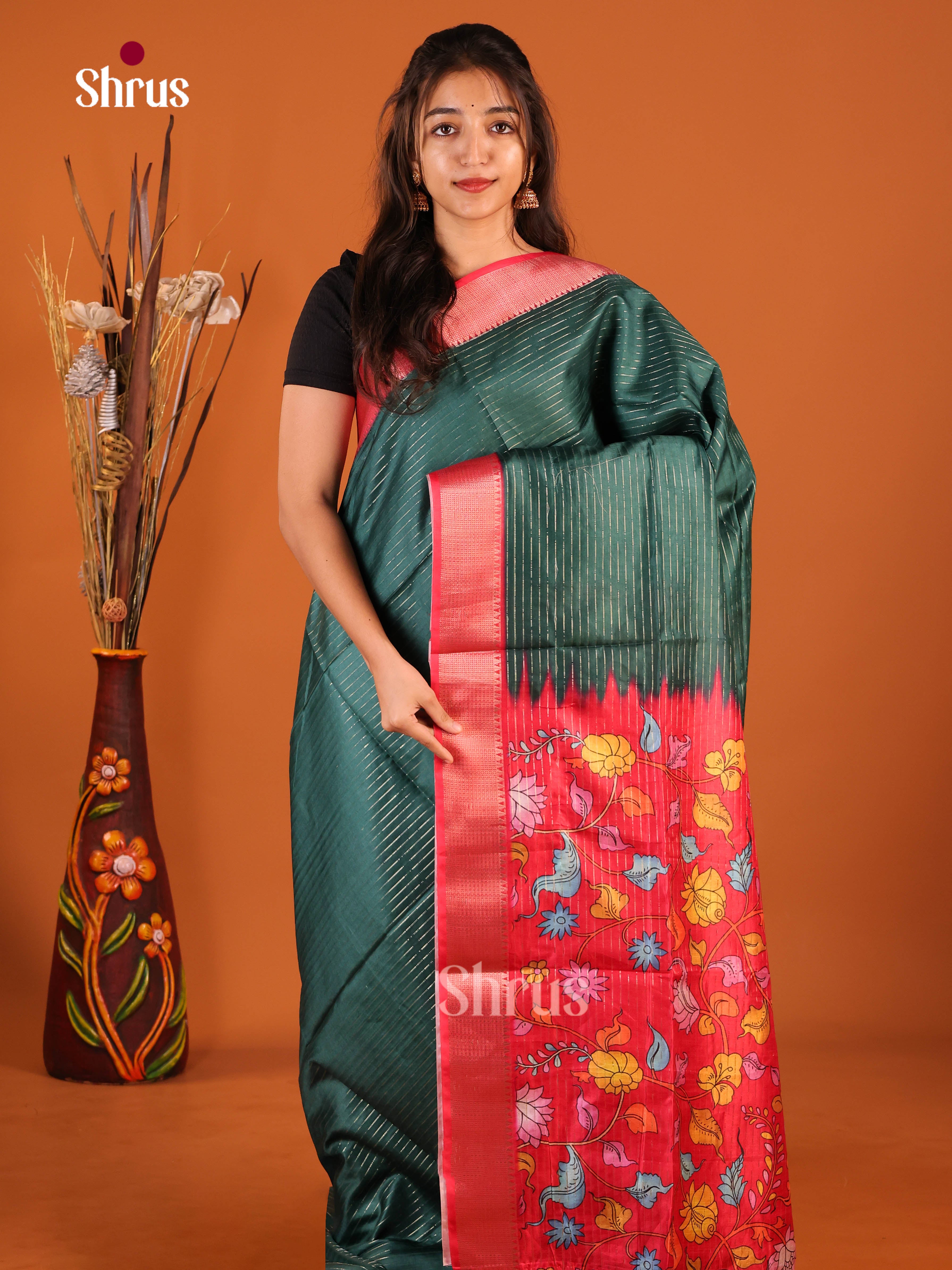 Green & Red - Semi Dola silk Saree