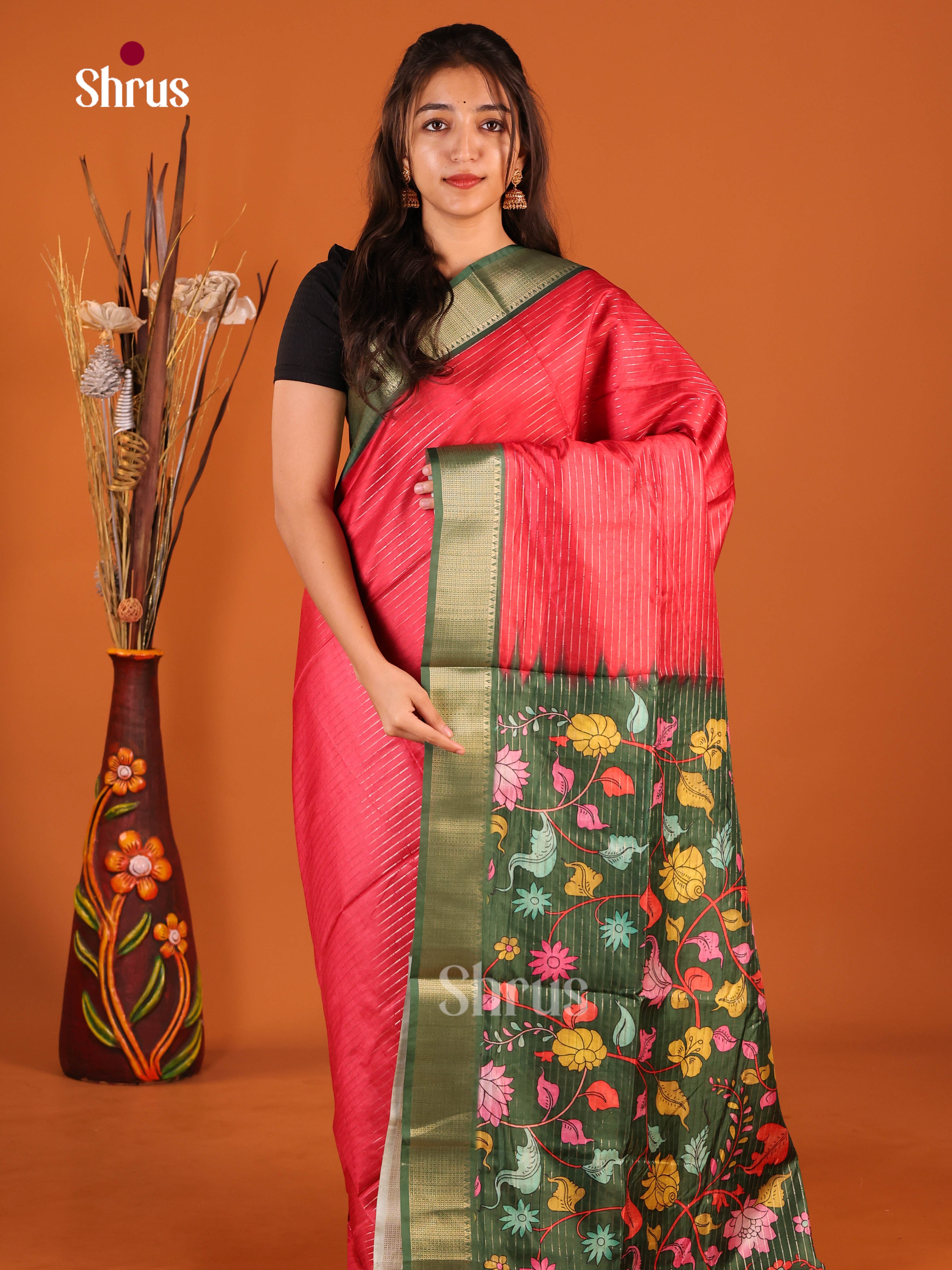 Red & Green - Semi Dola silk Saree