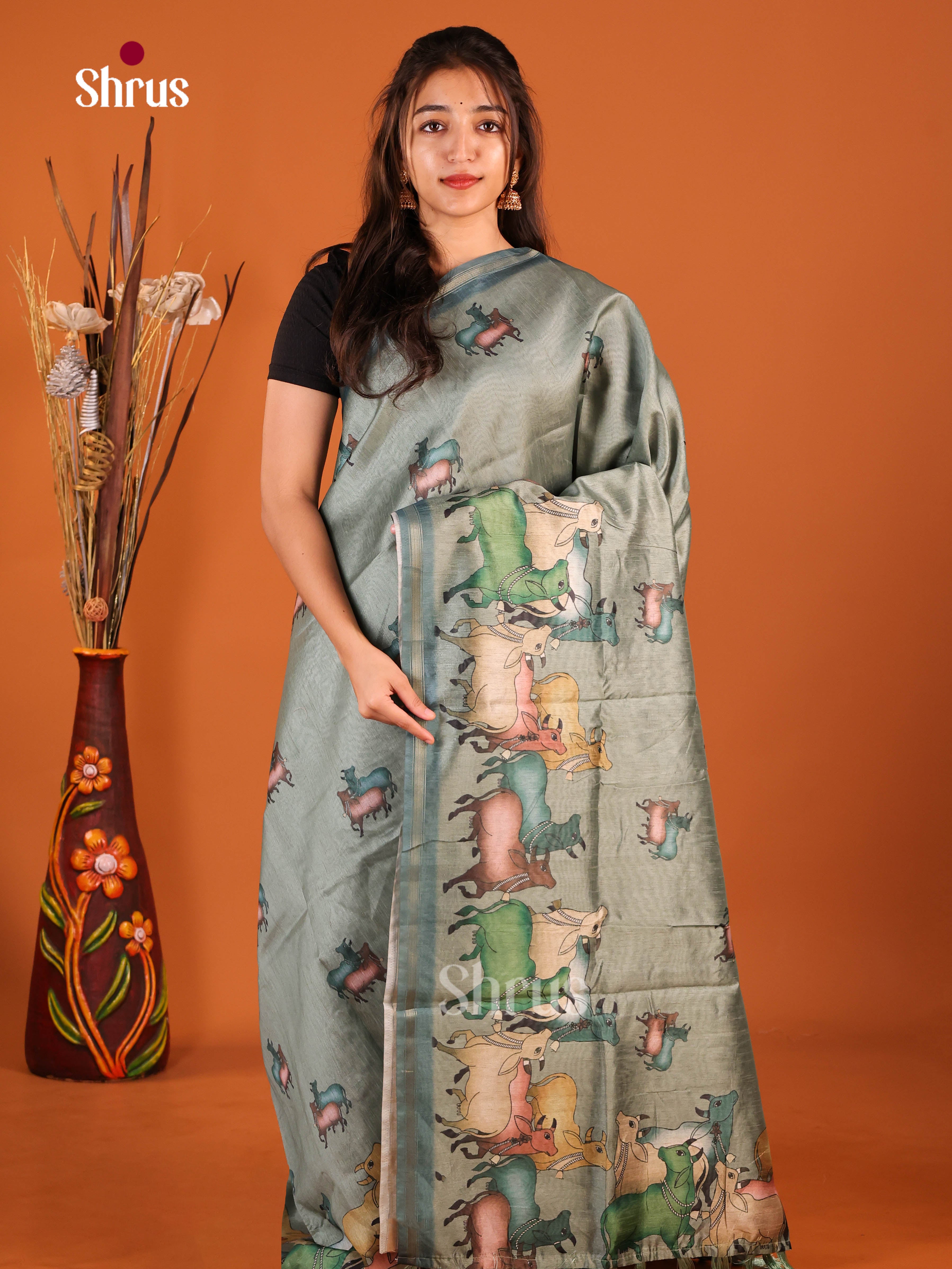 Powder Blue - Semi Chanderi Saree - Shop on Shrus.com