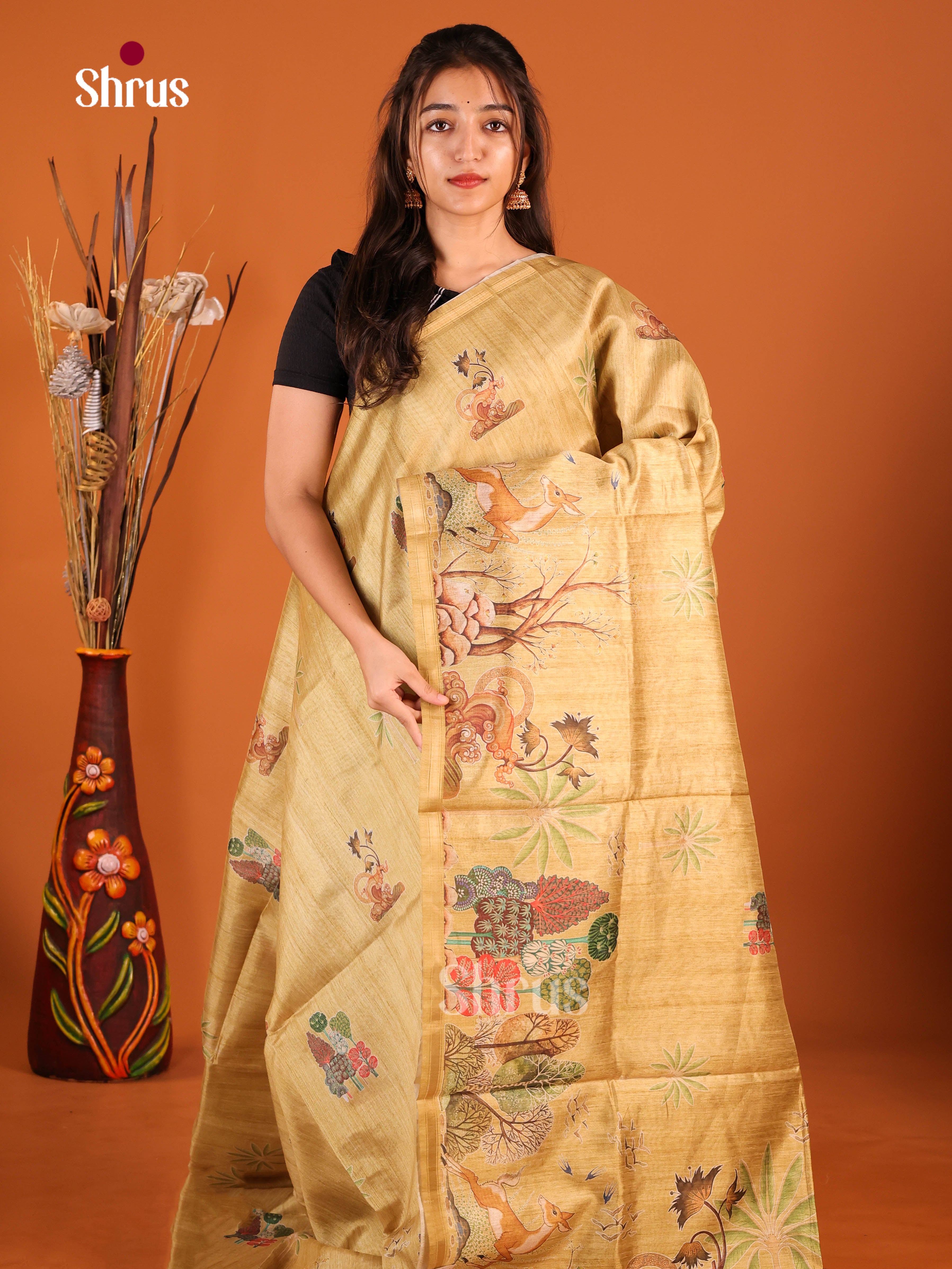 Beige - Semi Chanderi Saree - Shop on Shrus.com