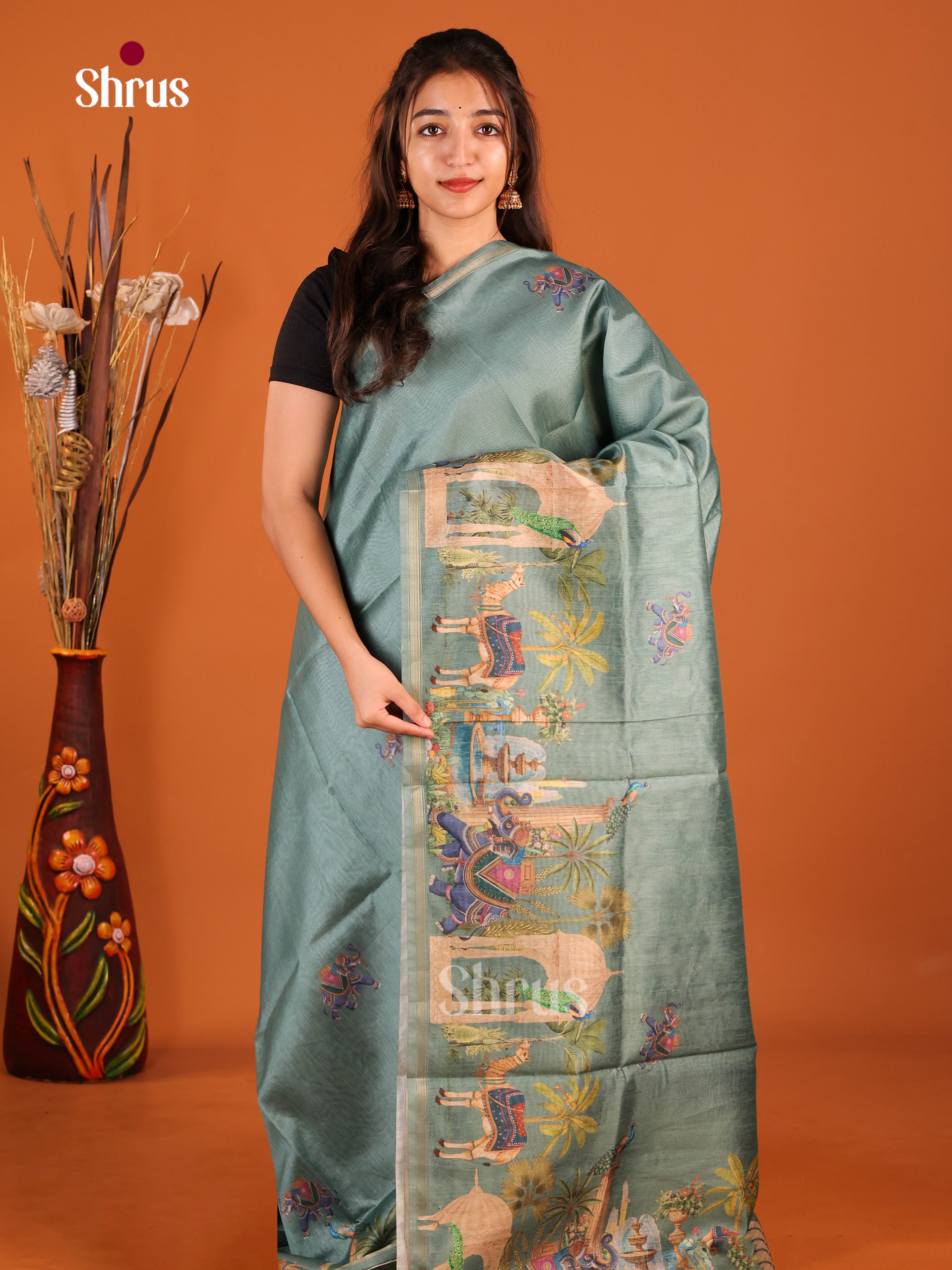 Grey Green - Semi Chanderi Saree - Shop on Shrus.com