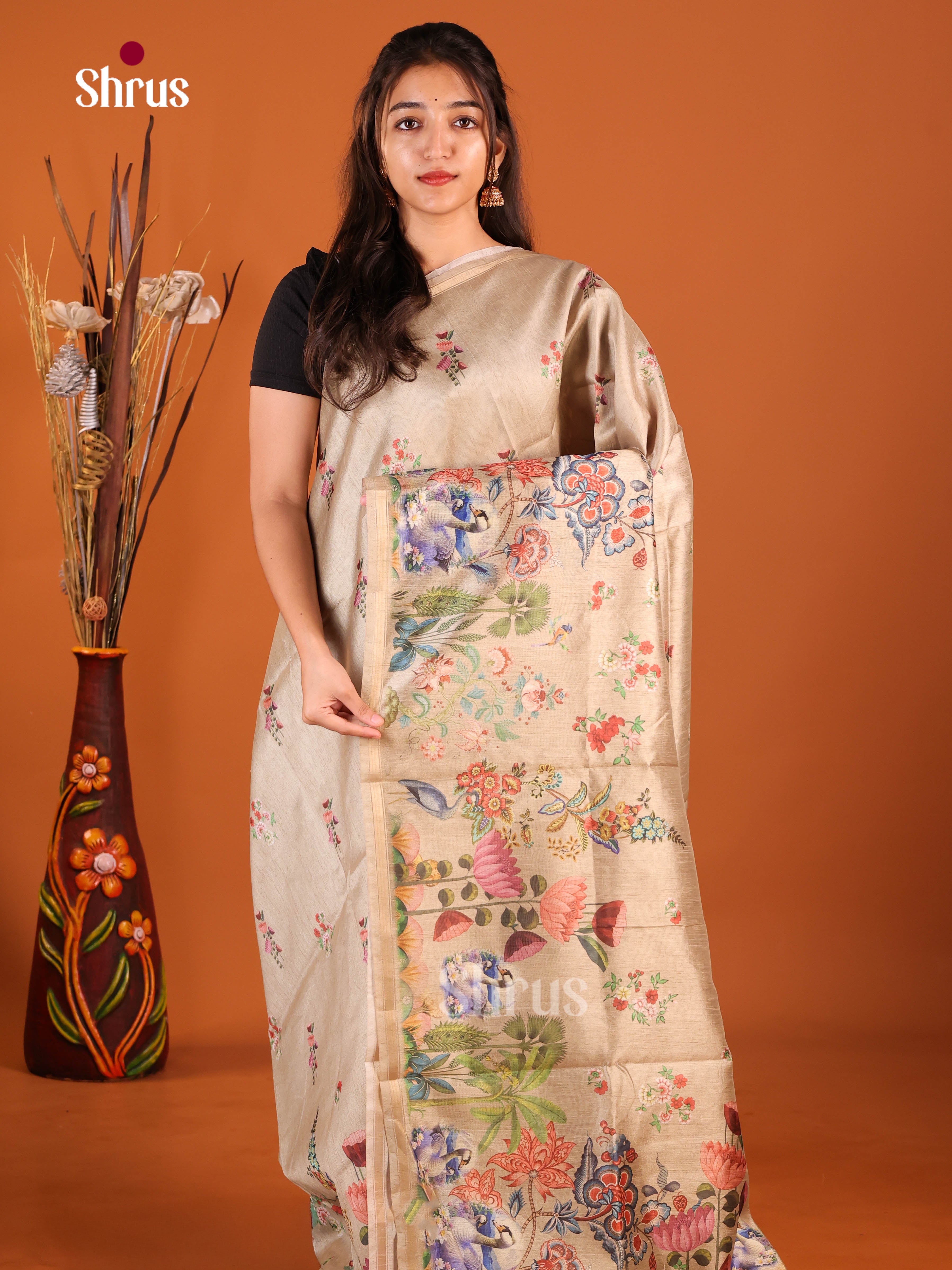 Pastel Grey - Semi Chanderi Saree - Shop on Shrus.com