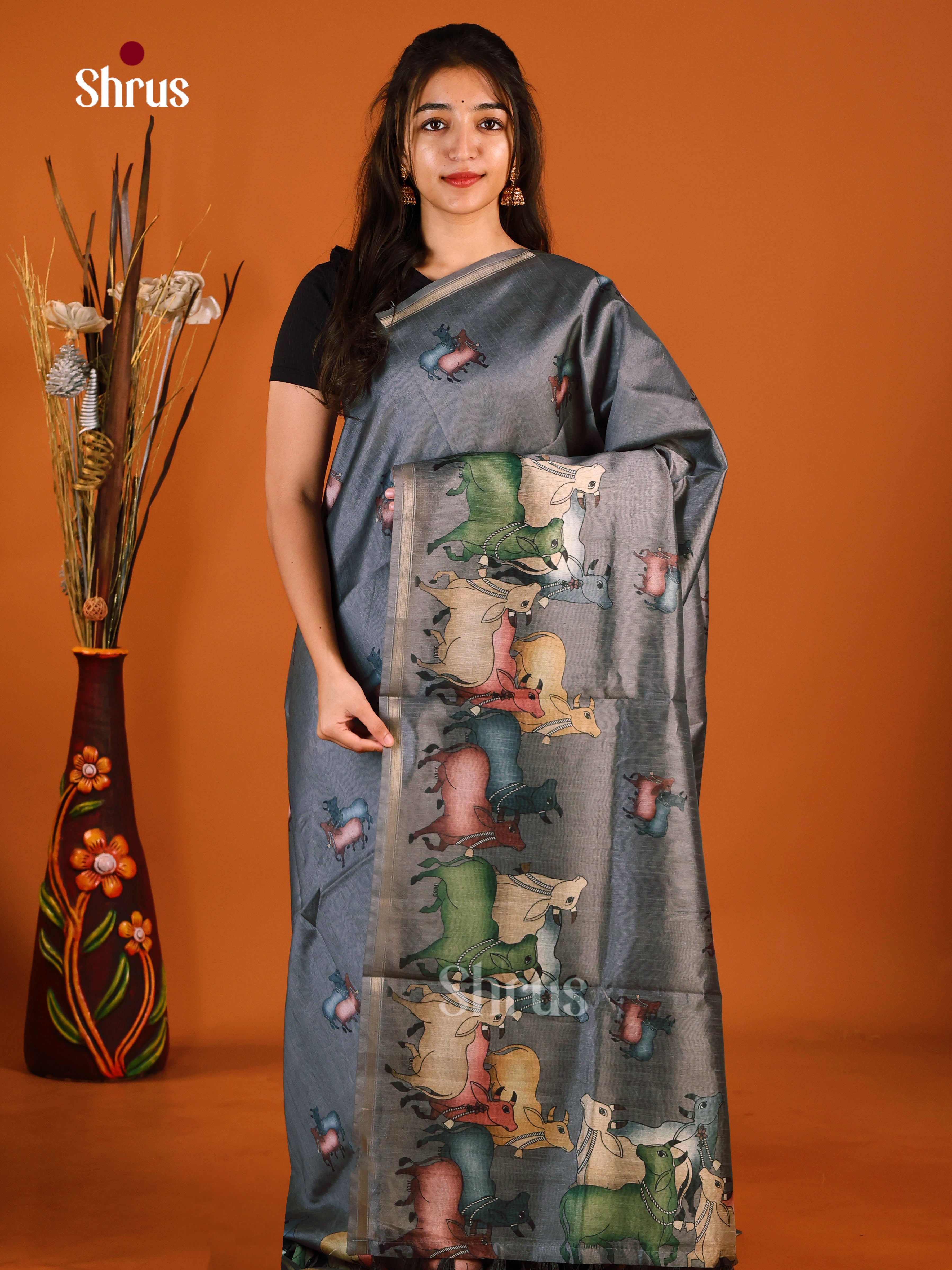 Elephant Black - Semi Chanderi Saree