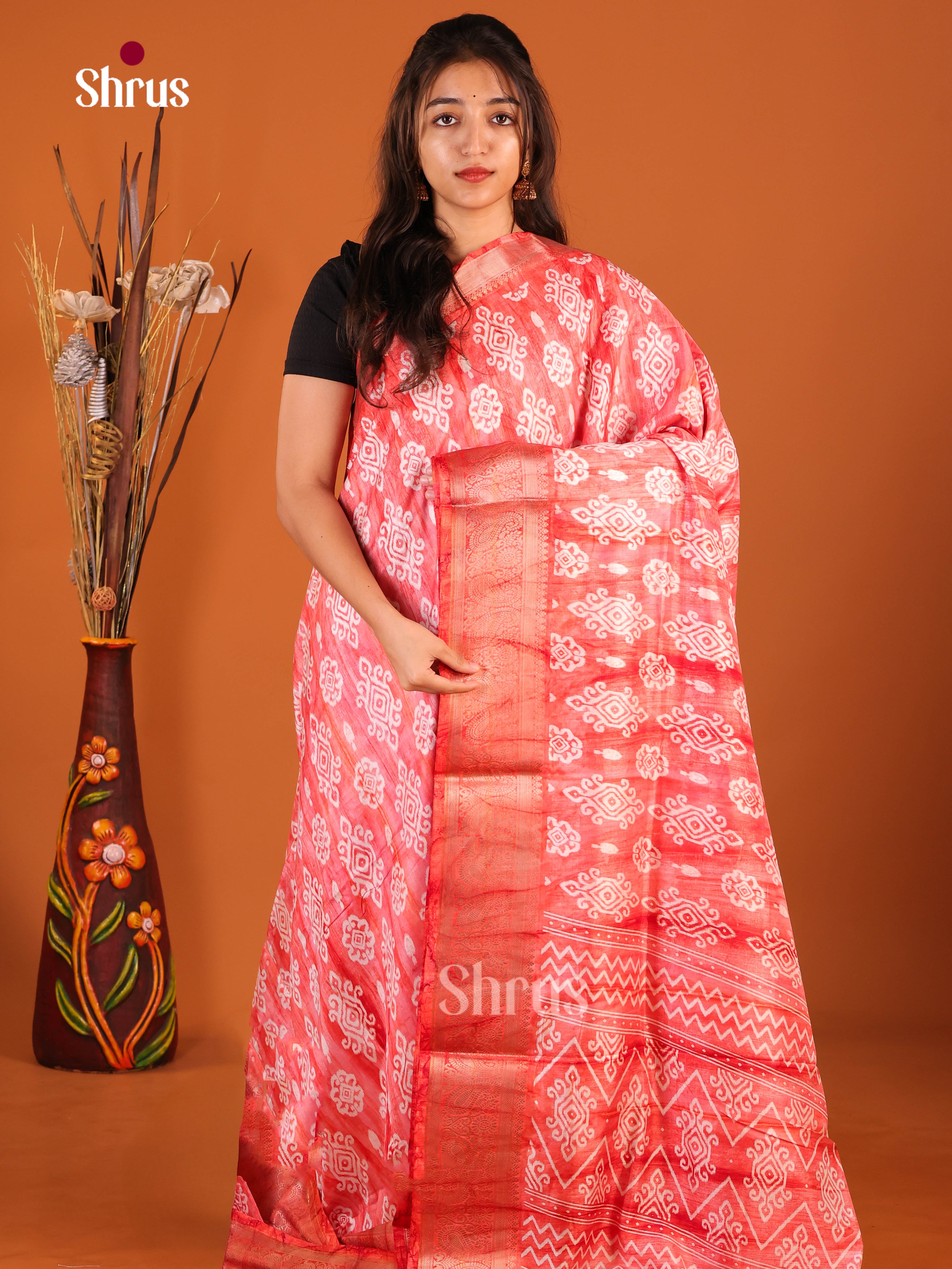 Orangish Red - Semi Dola silk Saree