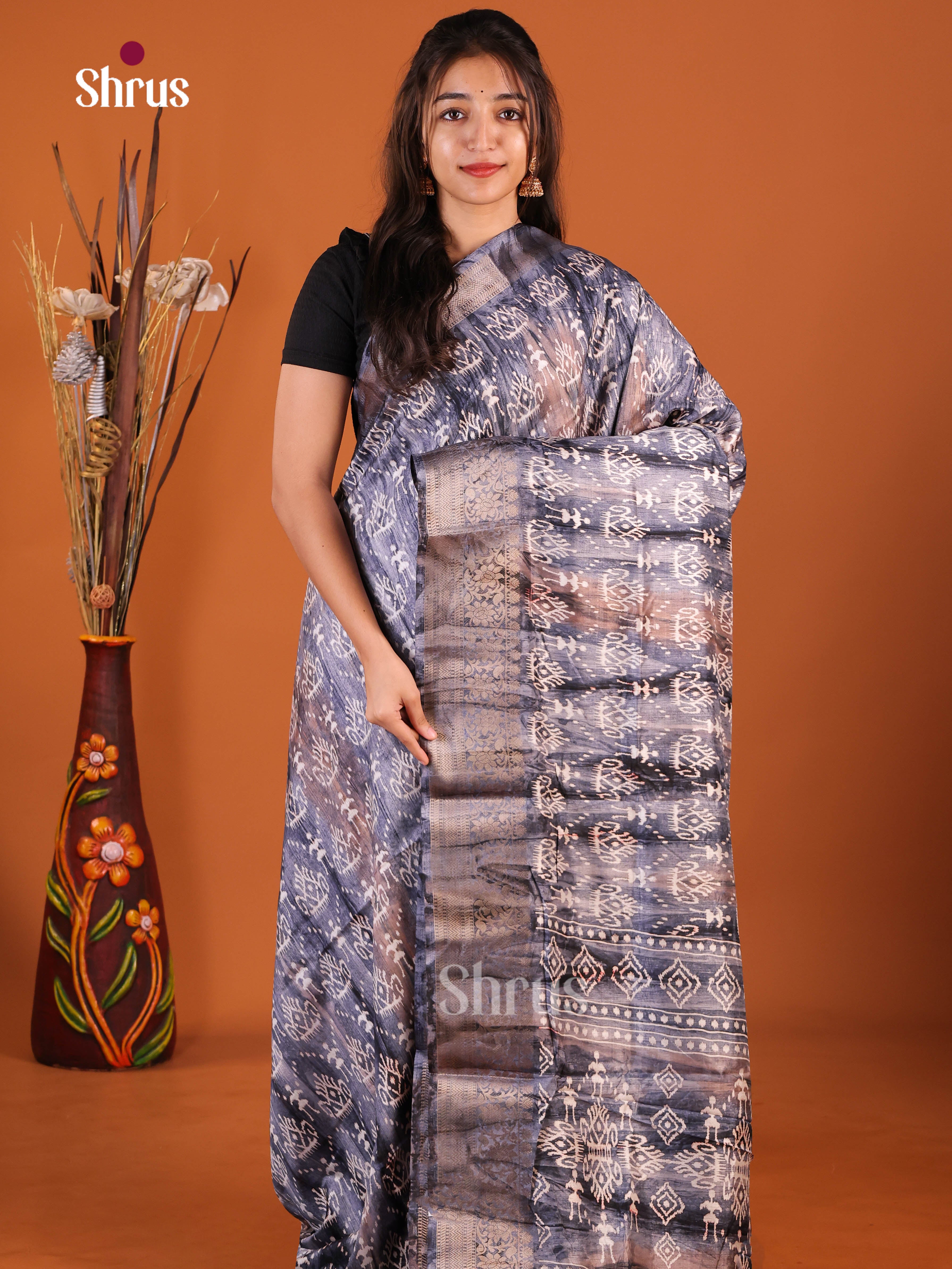 Grey & Blue - Semi Dola silk Saree