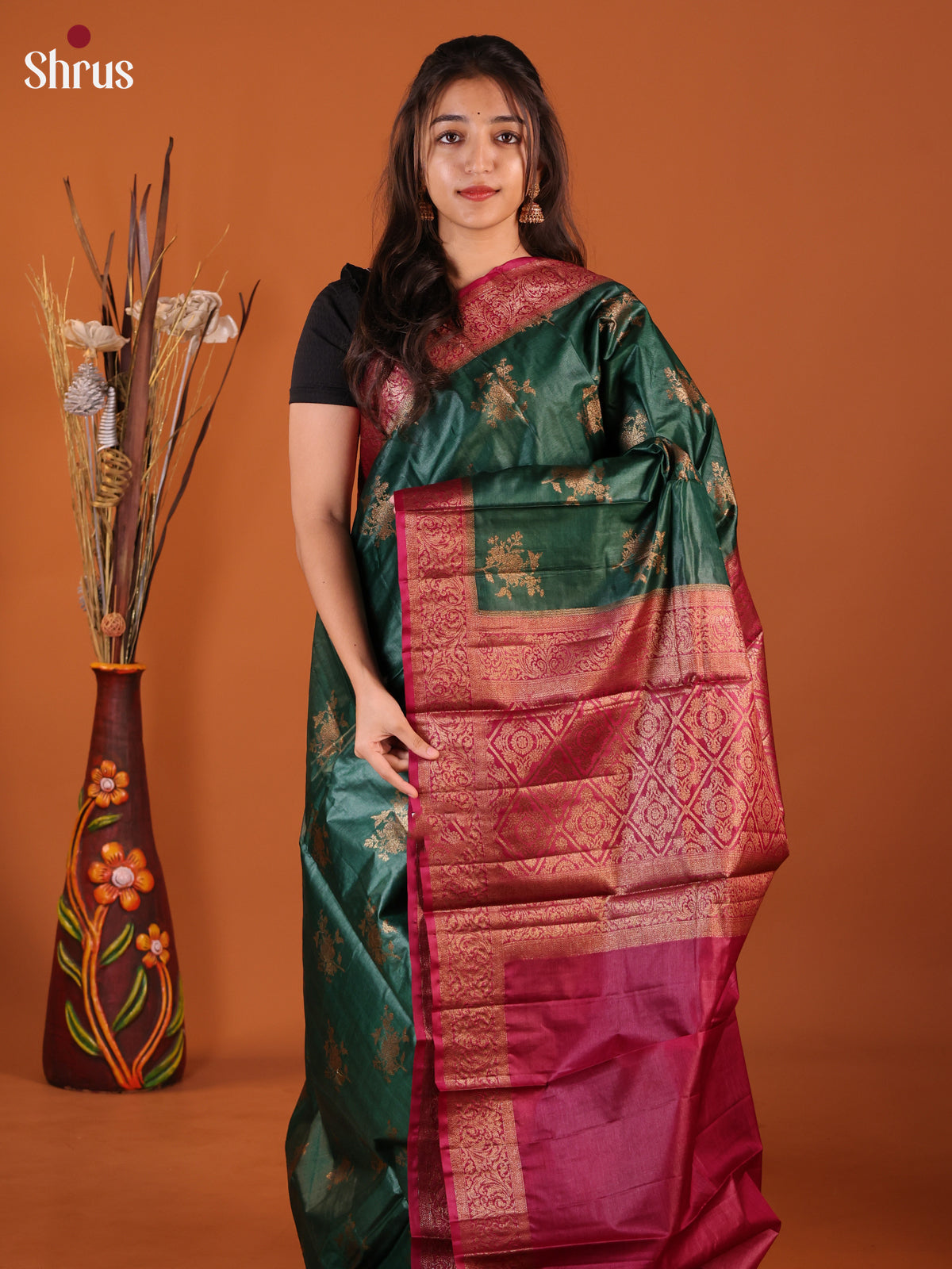 Green & Maroon- Tussar Saree