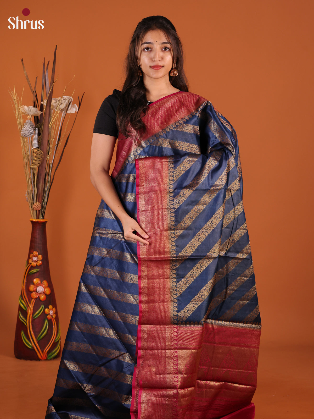 Blue & Maroon - Tussar Saree