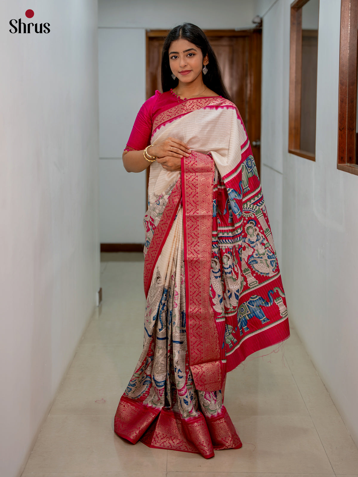 Cream & pink - Semi Tussar Saree - Shop on Shrus.com