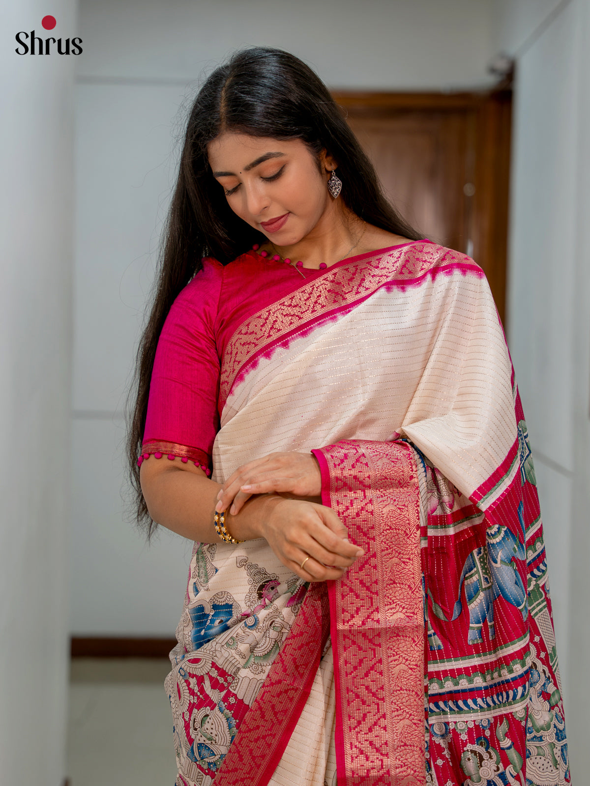 Cream & pink - Semi Tussar Saree