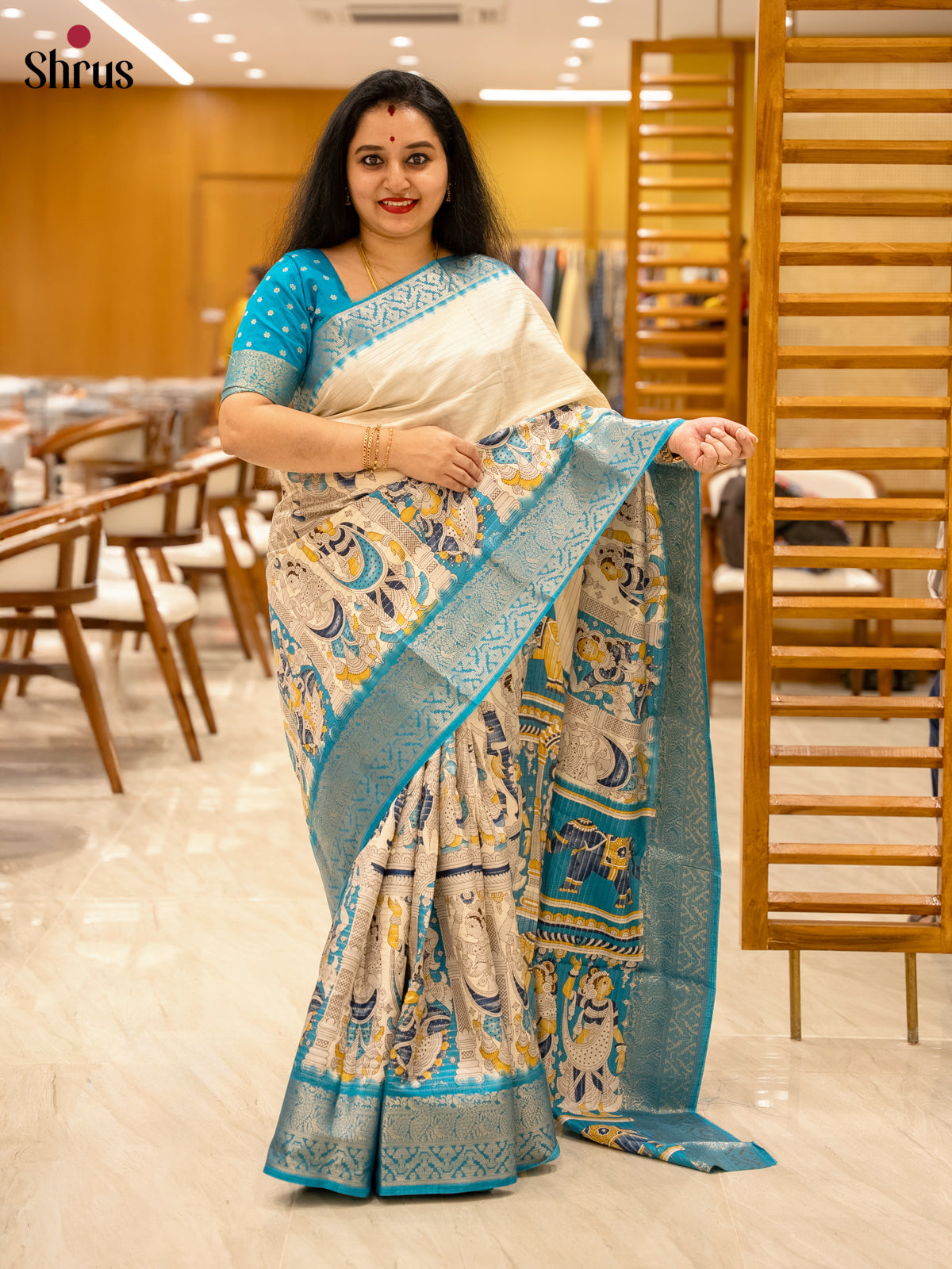 Cream & Blue - Semi Tussar Saree