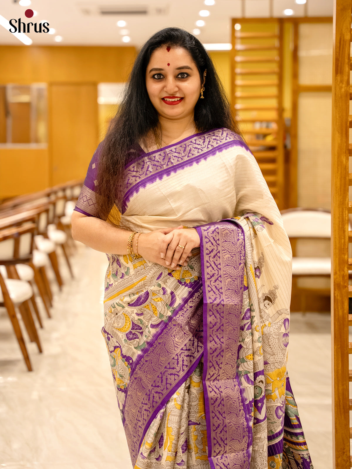 Cream & Purple - Semi Tussar Saree
