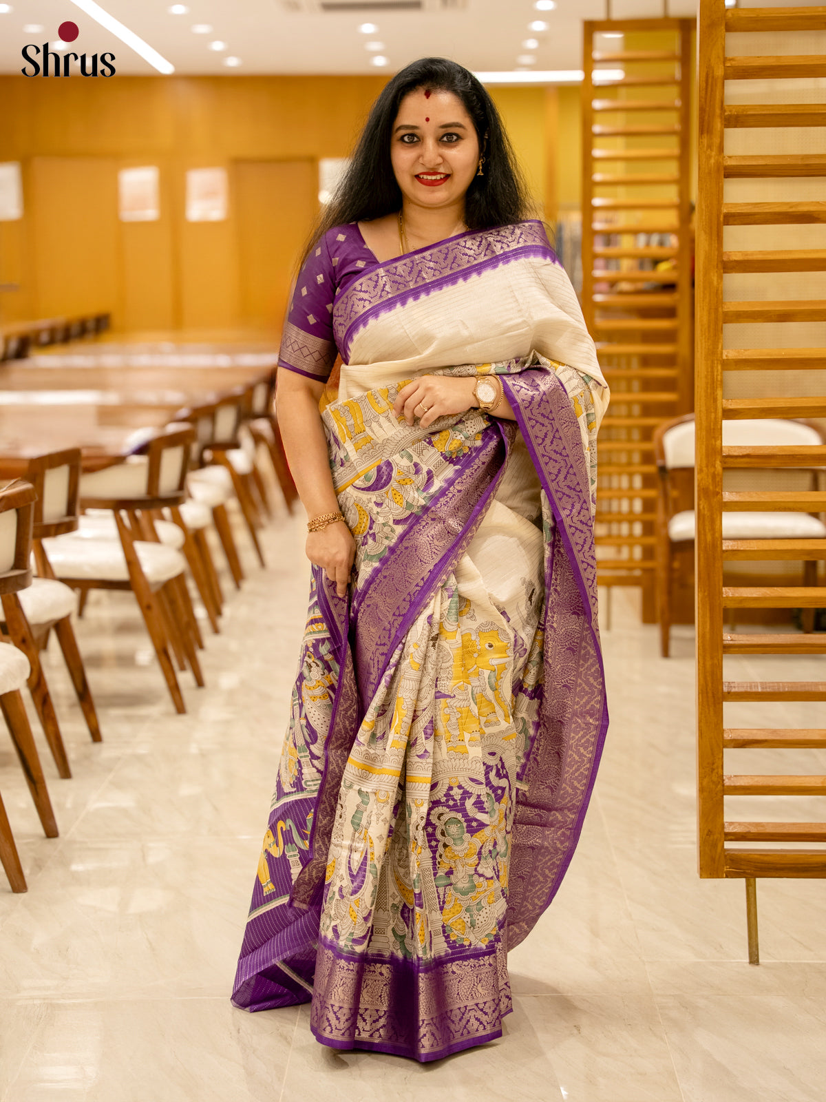 Cream & Purple - Semi Tussar Saree