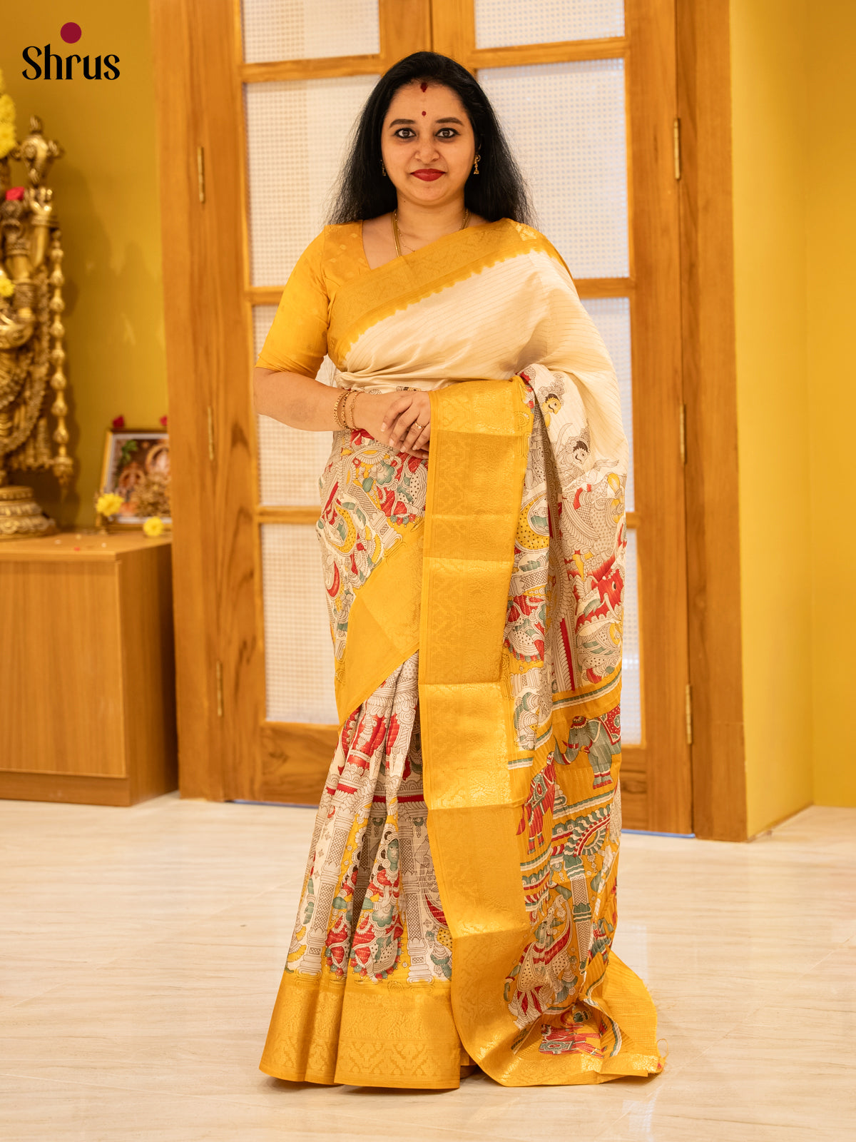 Cream & Yellow- Semi Tussar Saree