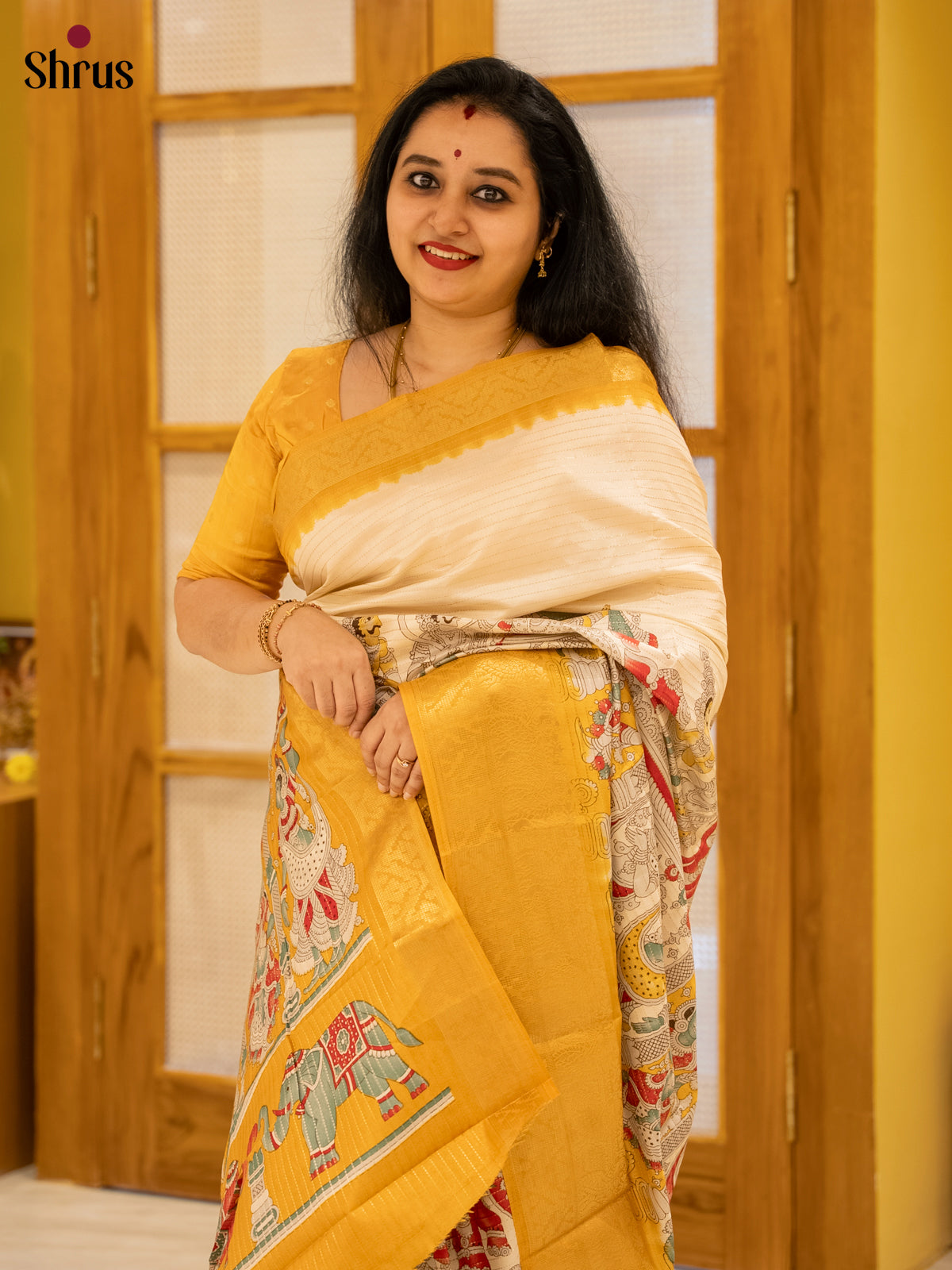 Cream & Yellow- Semi Tussar Saree