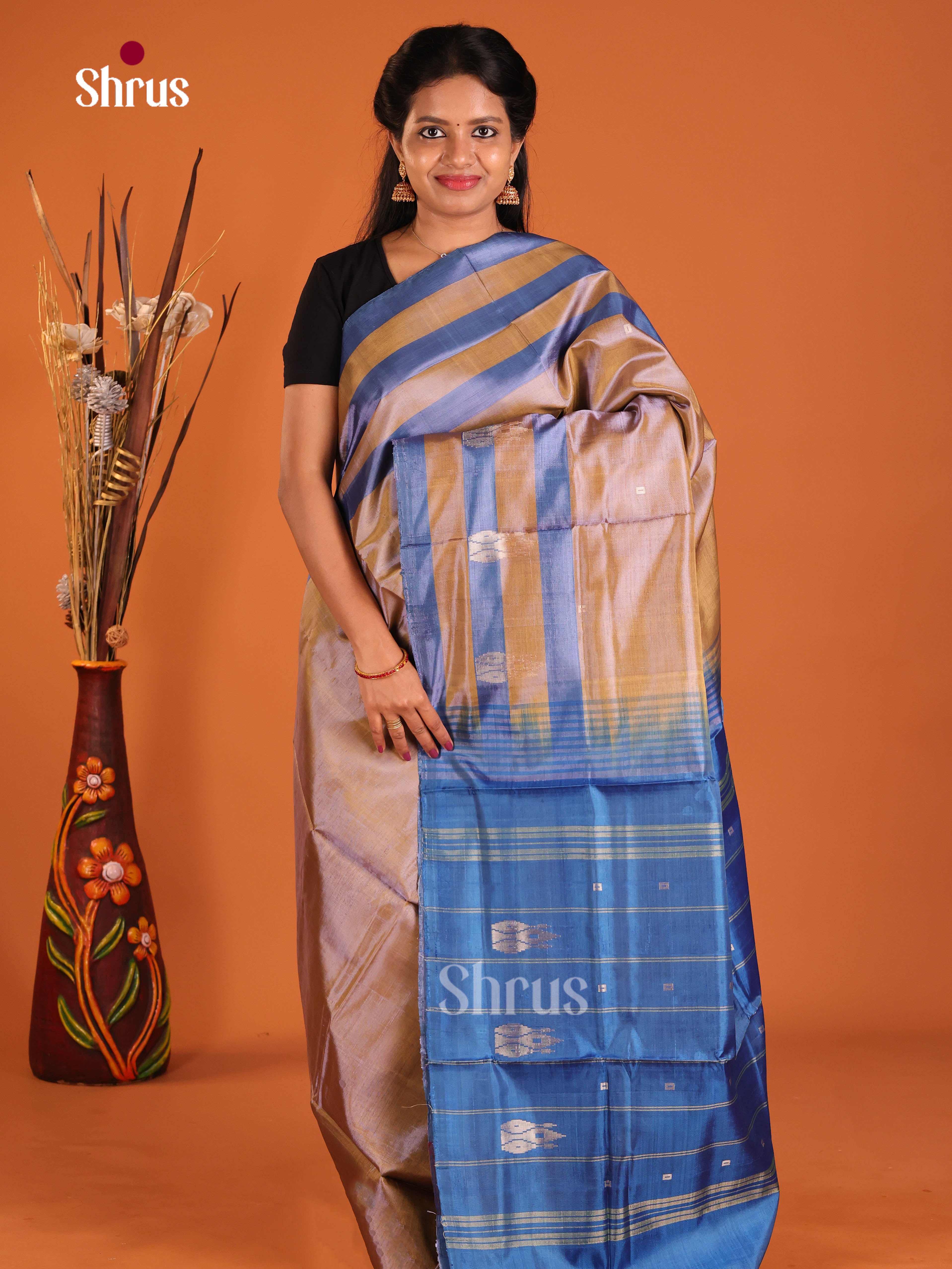 Pastel Brown & Blue - Banana Pith without blouse Saree - Shop on Shrus.com