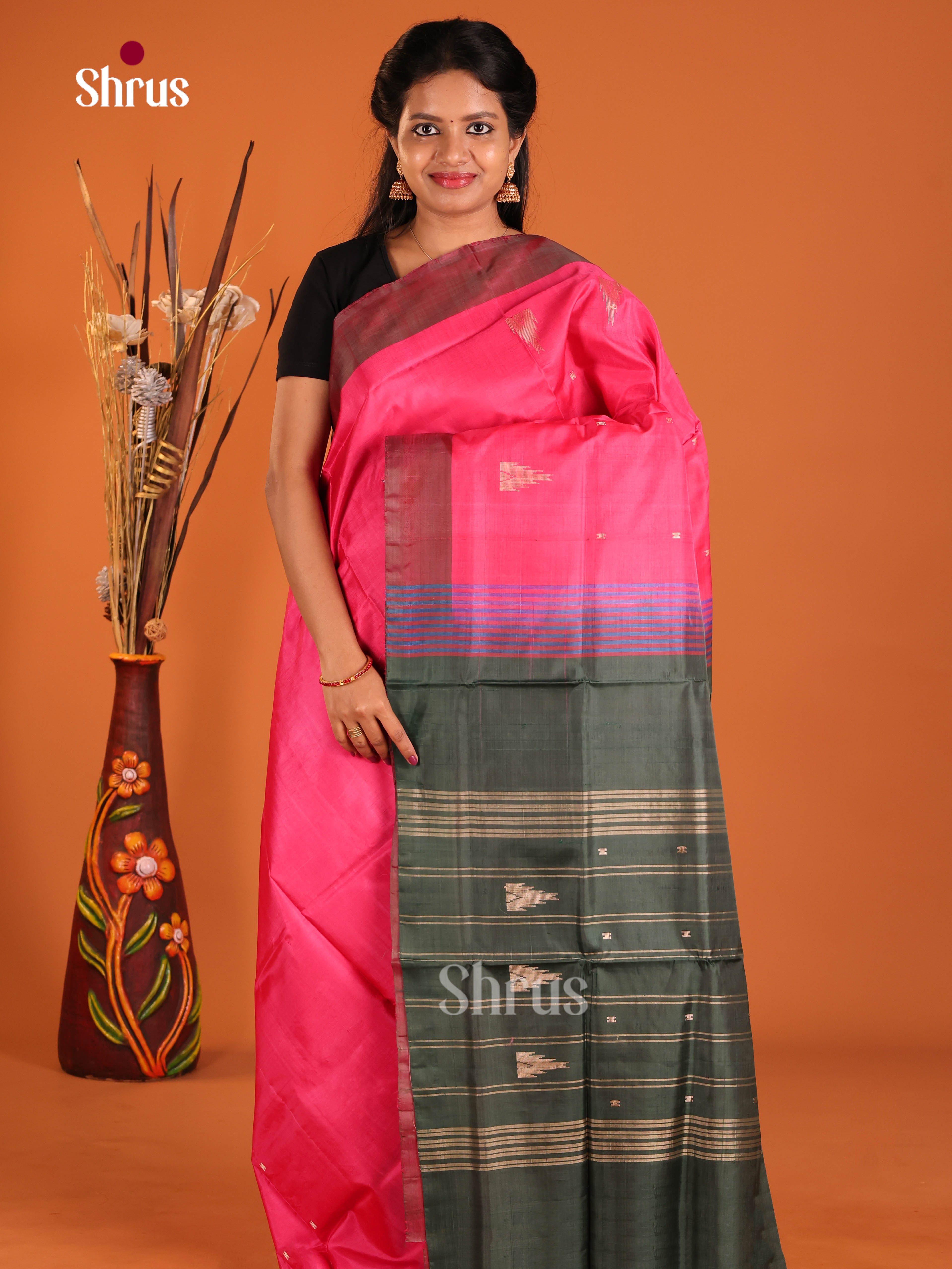Pink & Green- Banana Pith without blouse Saree - Shop on Shrus.com