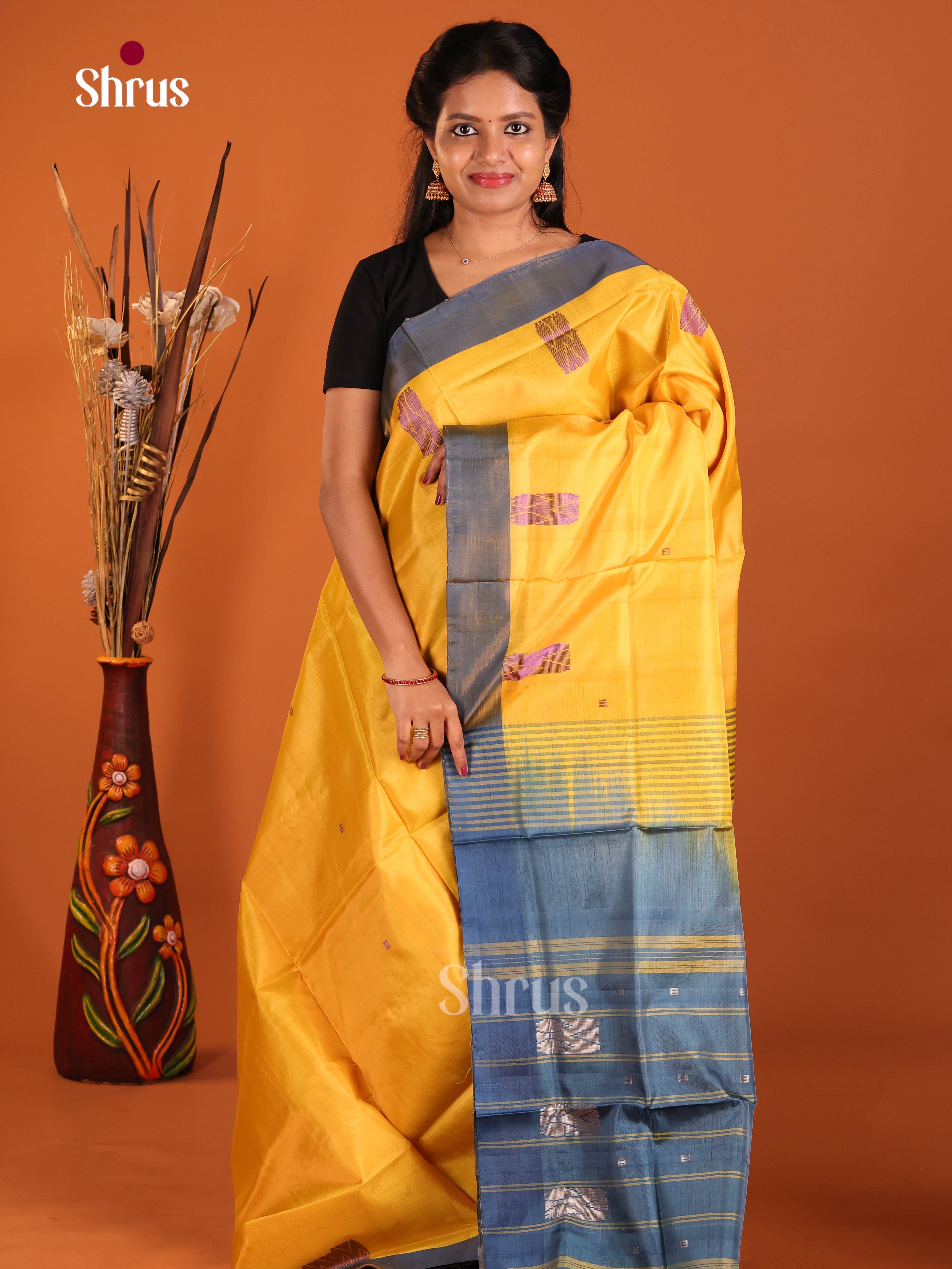 Yellow & Blue - Banana Pith without blouse Saree