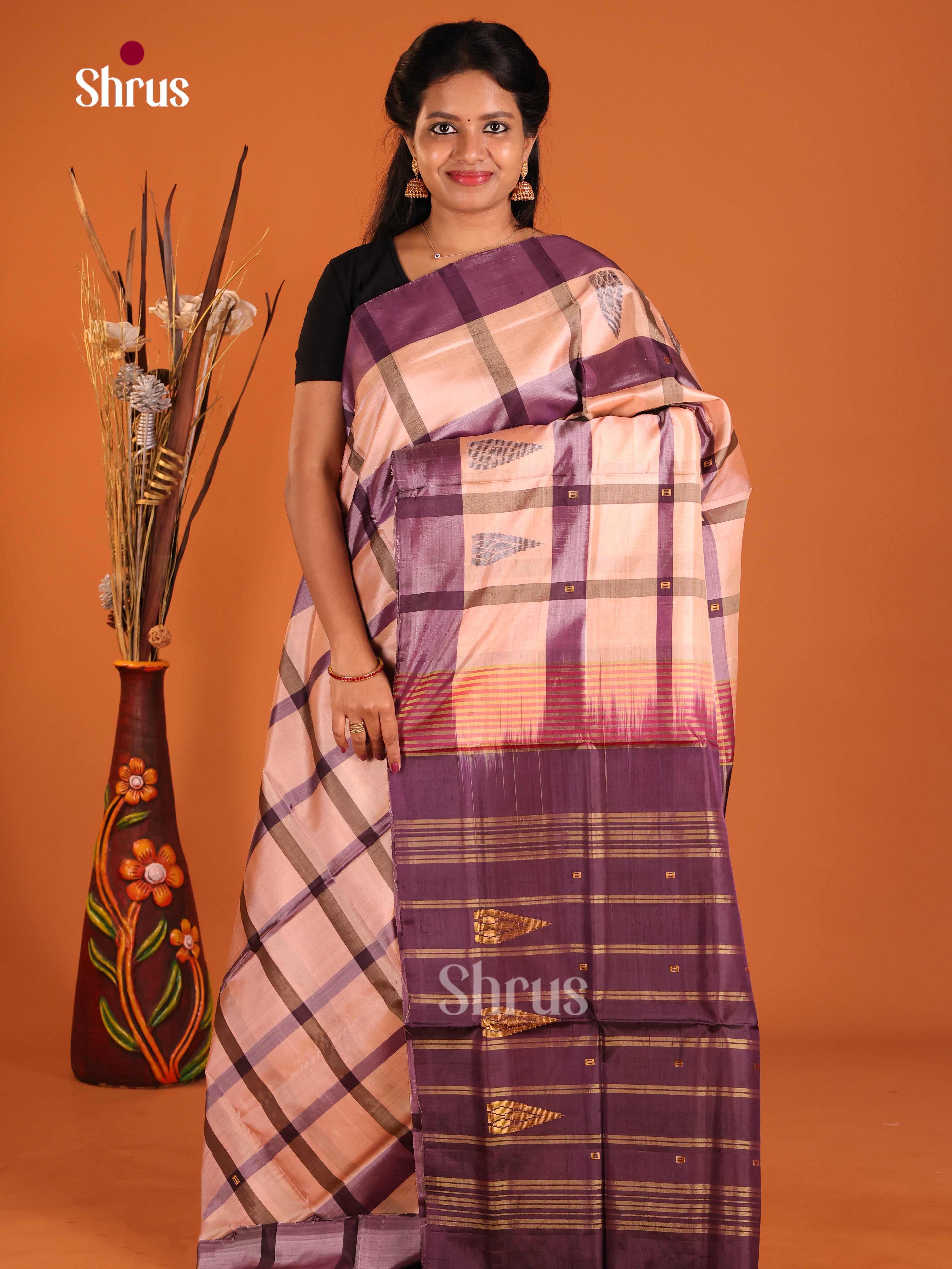 Peach & Purple - Banana Pith without blouse Saree - Shop on Shrus.com
