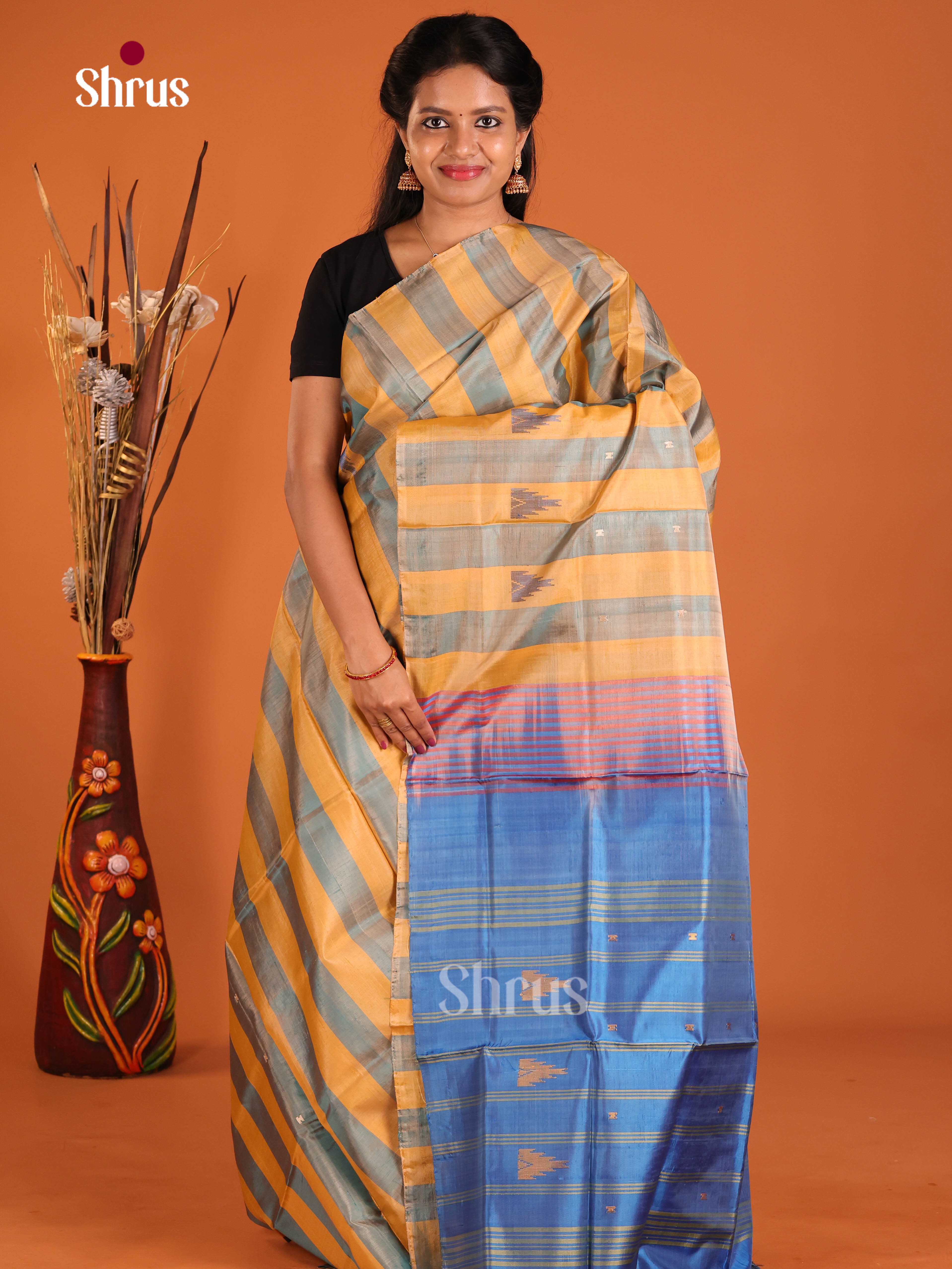 Mustard & Blue - Banana Pith without blouse Saree - Shop on Shrus.com