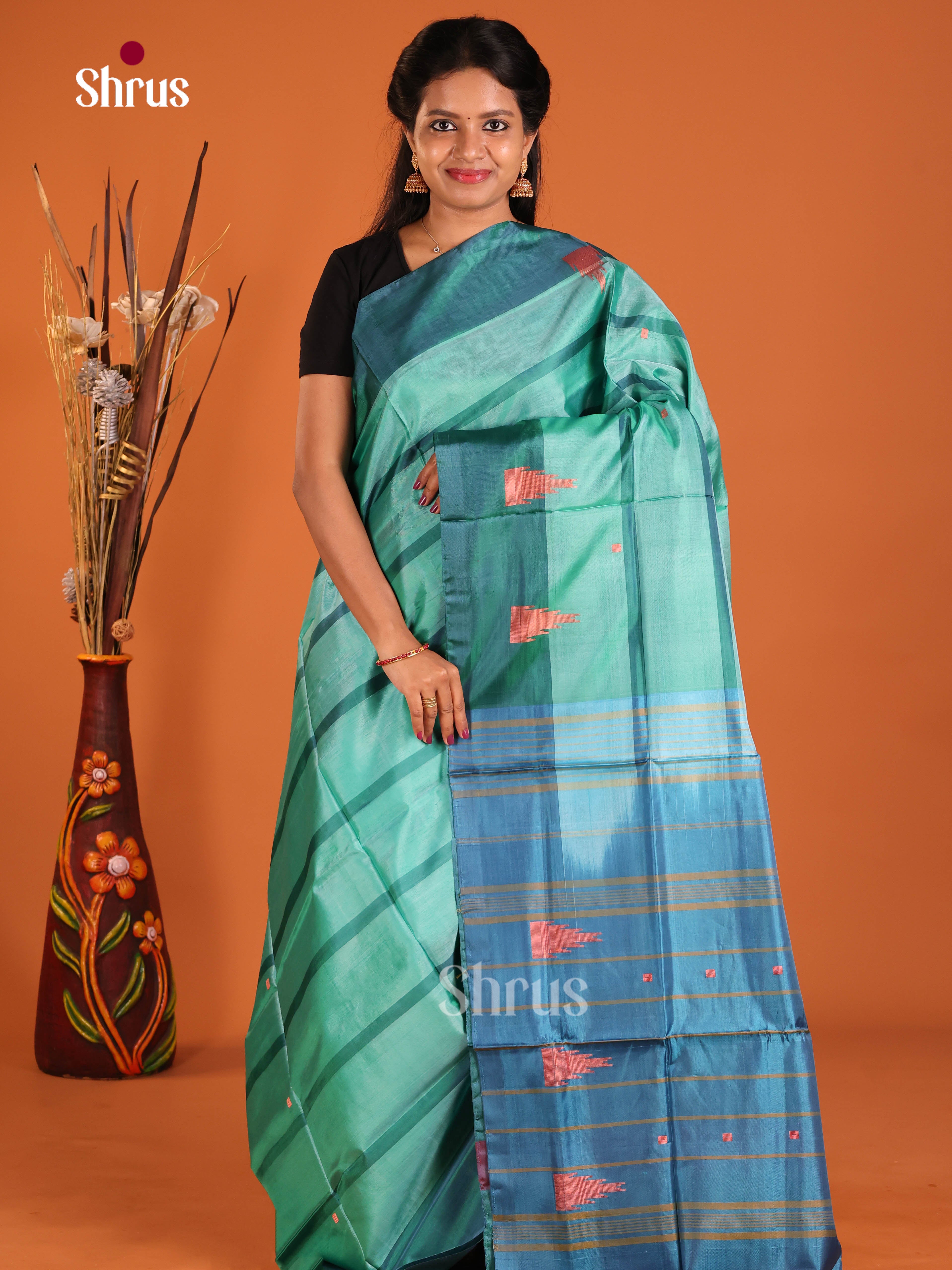 Green & Blue - Banana Pith without blouse Saree - Shop on Shrus.com