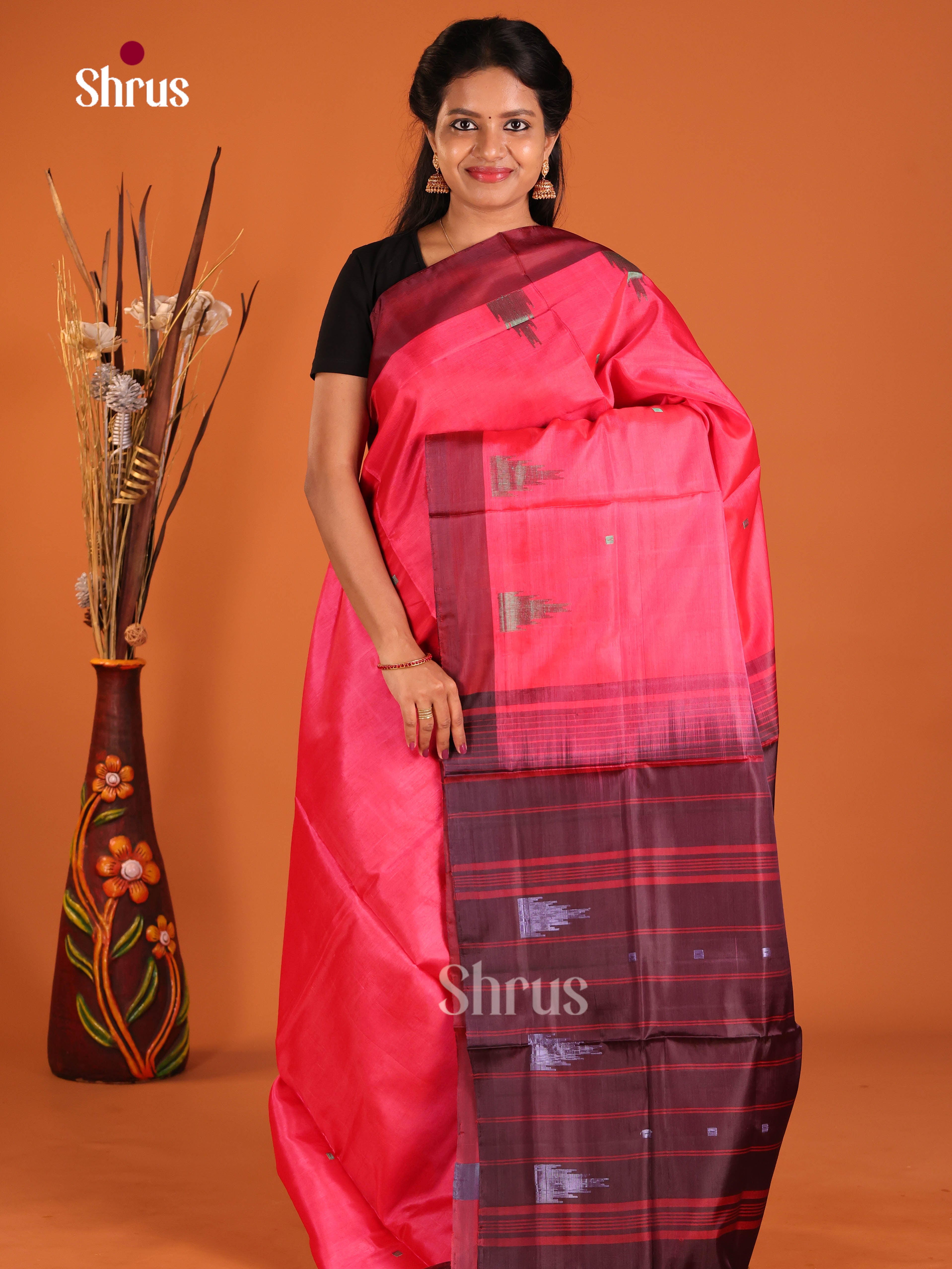 Pink & Maroon - Banana Pith without blouse Saree - Shop on Shrus.com