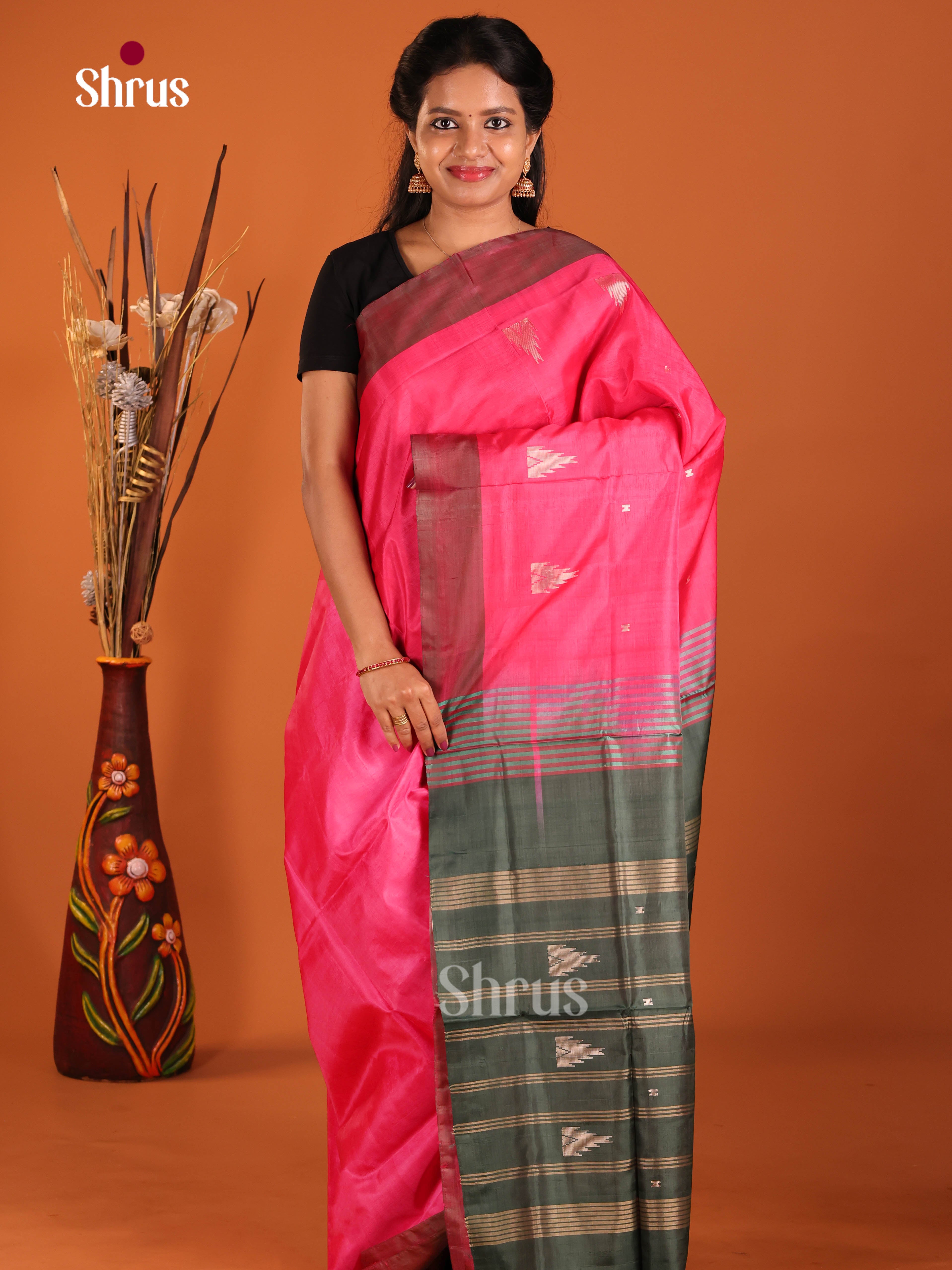 Pink & Green- Banana Pith without blouse Saree - Shop on Shrus.com