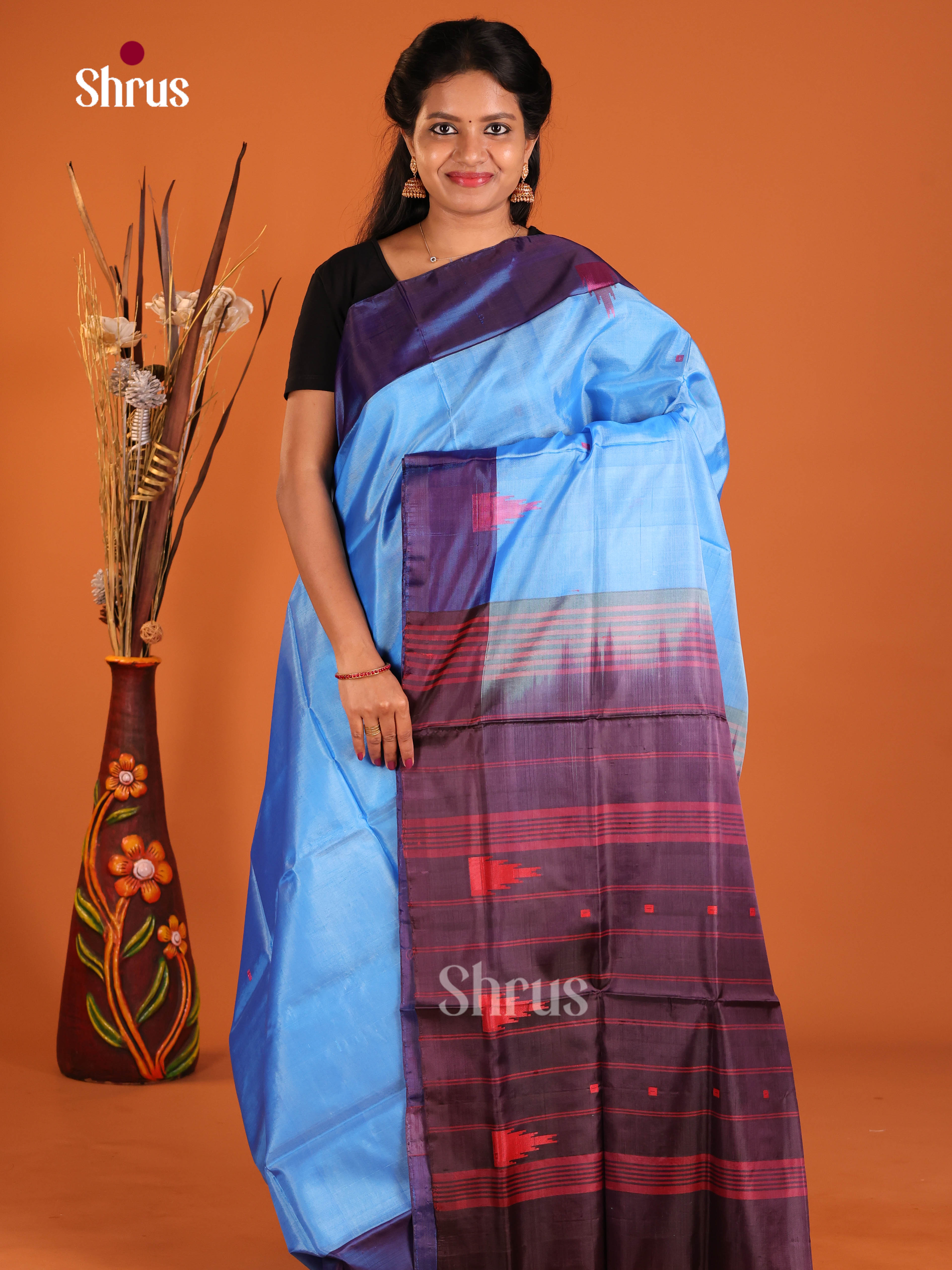 Light Blue & Purple- Banana Pith without blouse Saree - Shop on Shrus.com