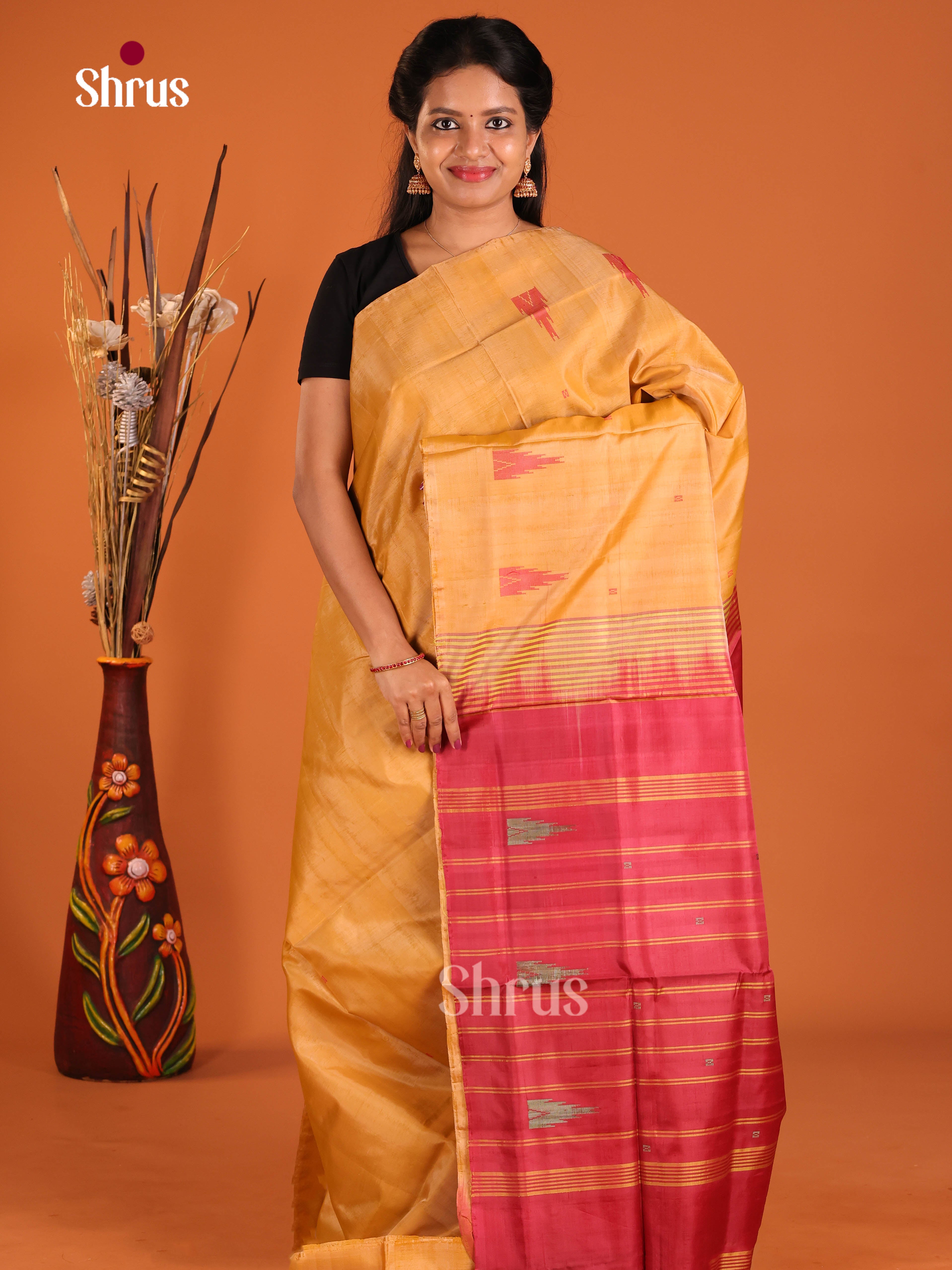 sandal & Maroon - Banana Pith without blouse Saree