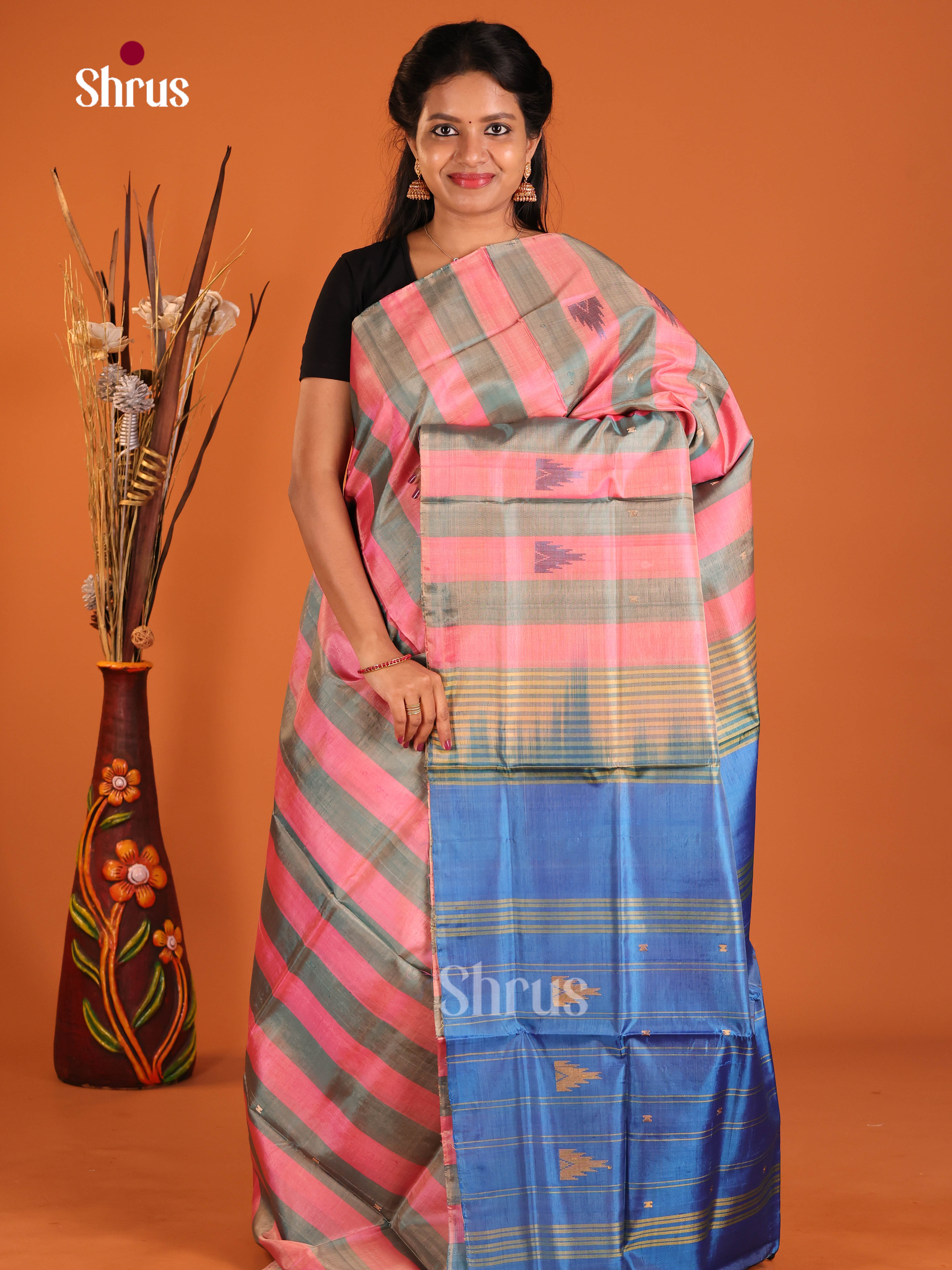 Pink & Grey - Banana Pith without blouse Saree - Shop on Shrus.com