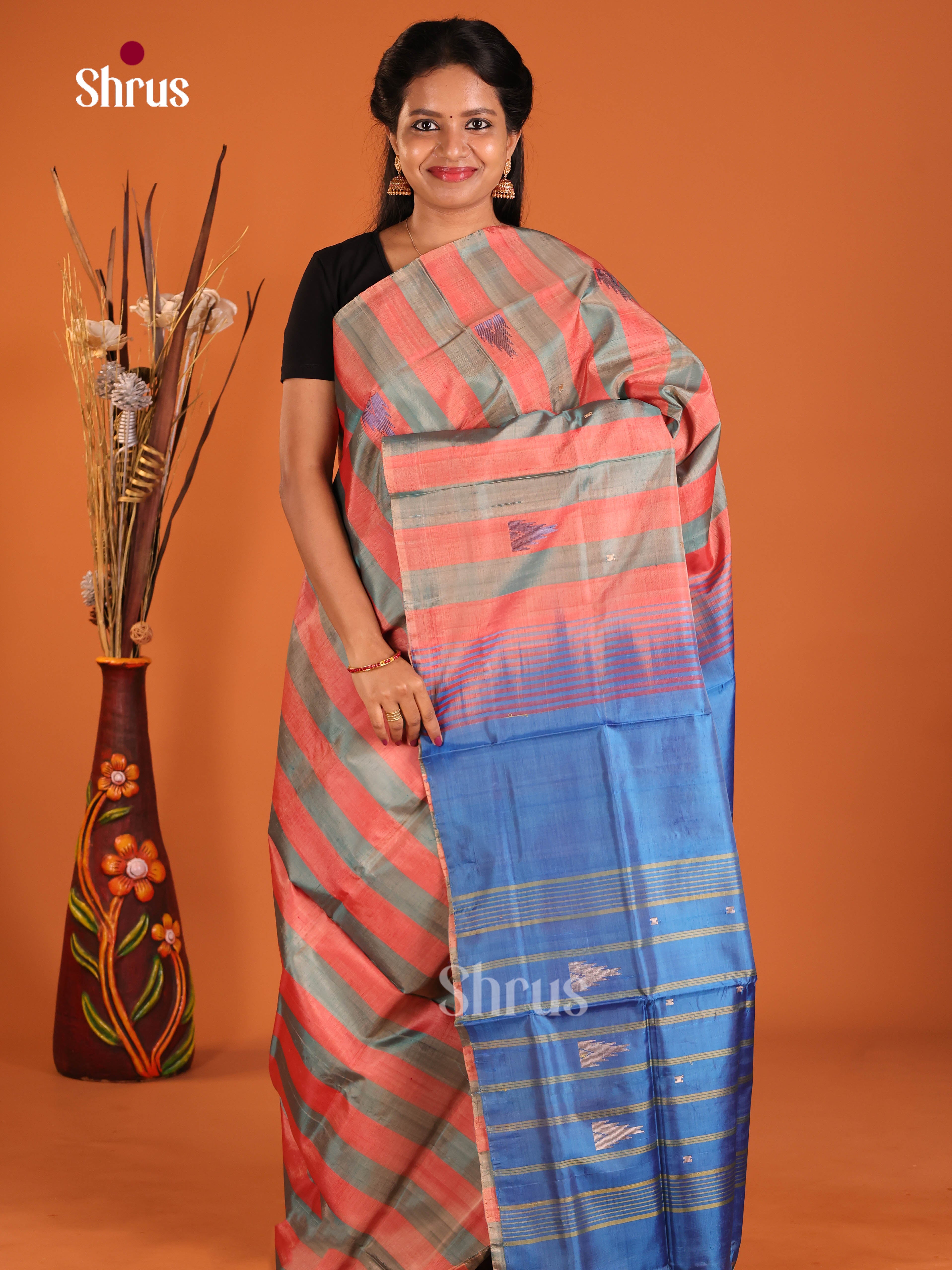 Peach & Grey - Banana Pith without blouse Saree - Shop on Shrus.com