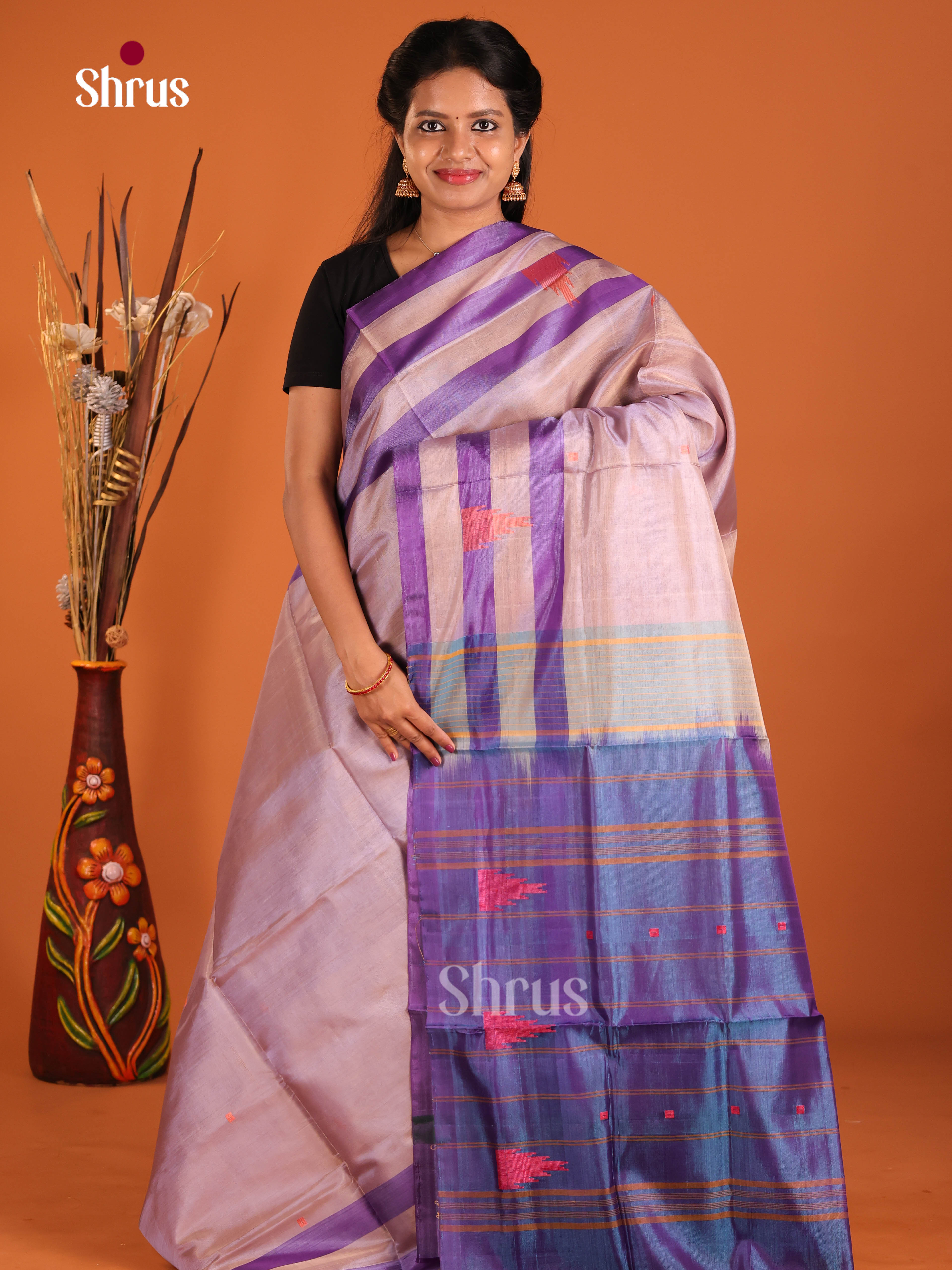 Grey & Blue - Banana Pith without blouse Saree - Shop on Shrus.com
