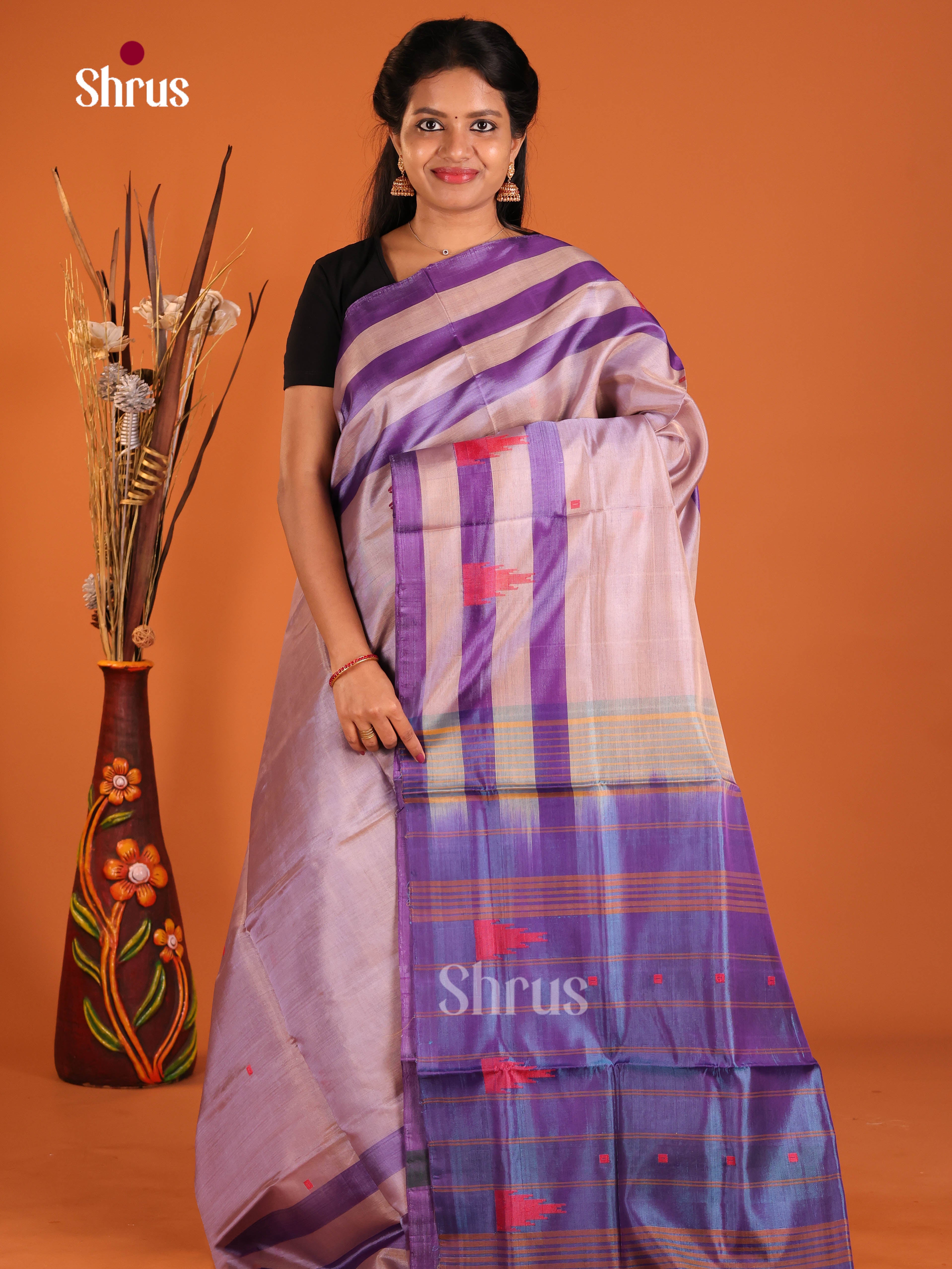 Grey & Blue - Banana Pith without blouse Saree - Shop on Shrus.com