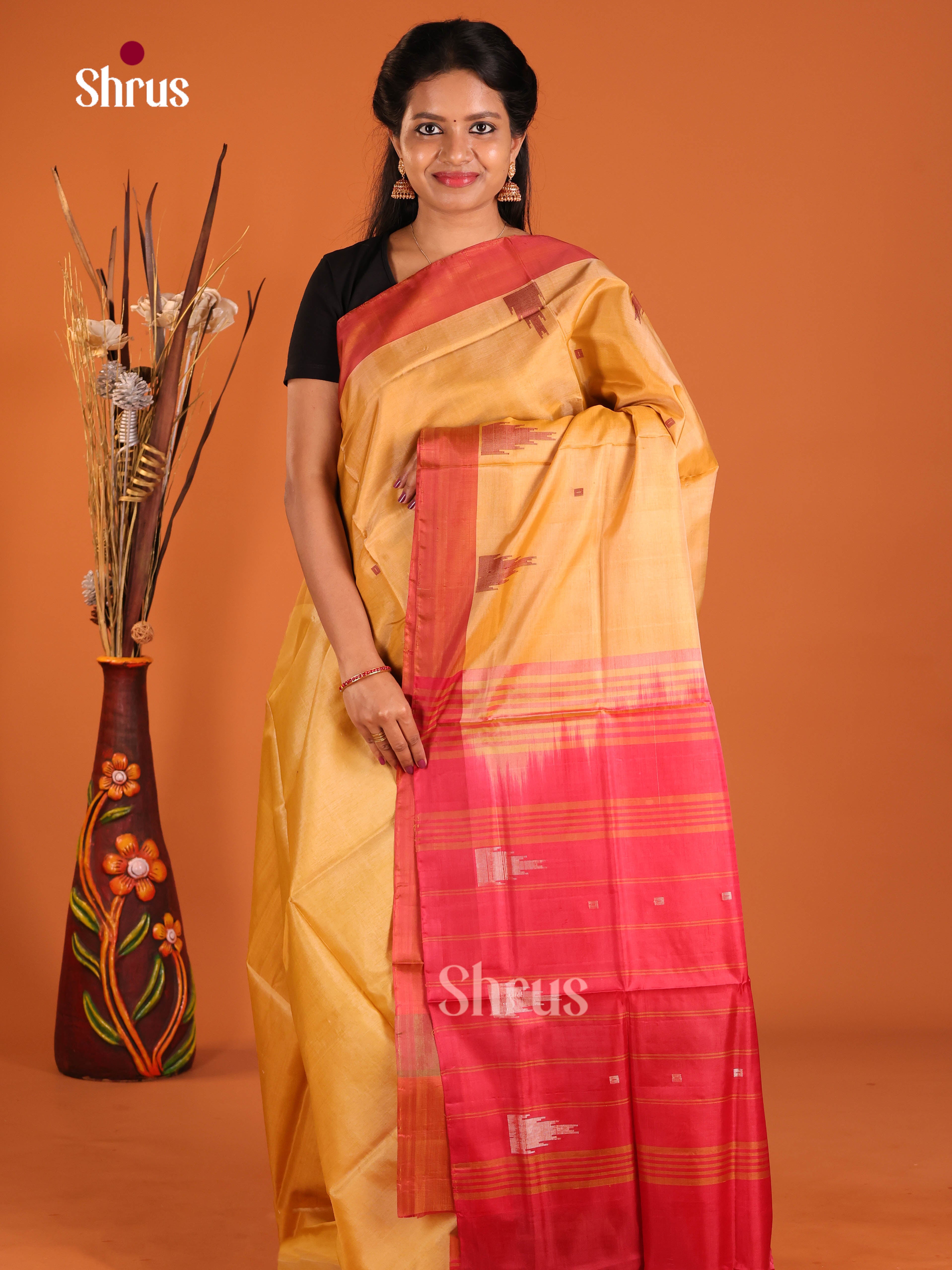 Mustard & Red - Banana Pith without blouse Saree - Shop on Shrus.com