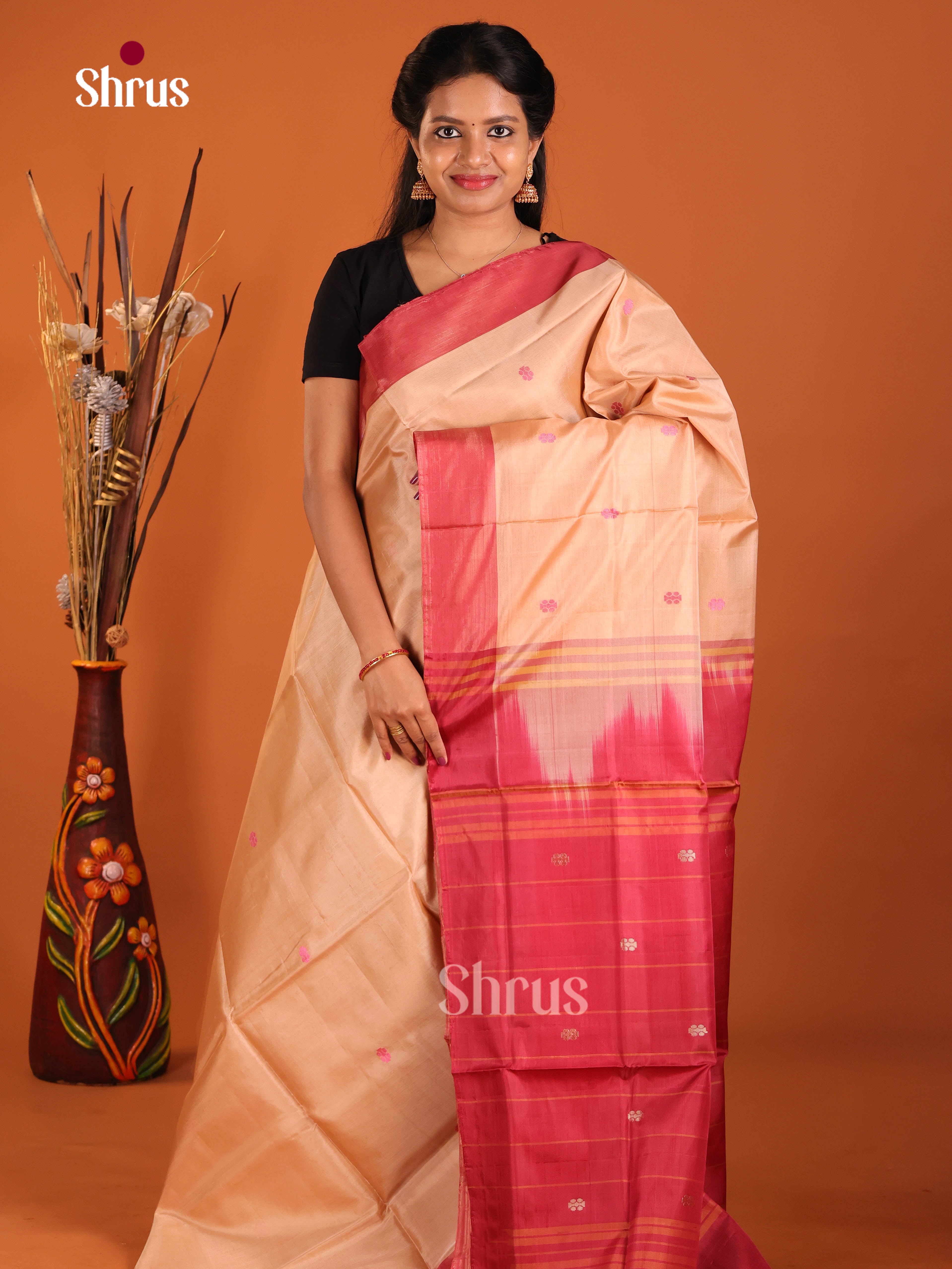 Peach & Maroon - Banana Pith without blouse Saree - Shop on Shrus.com
