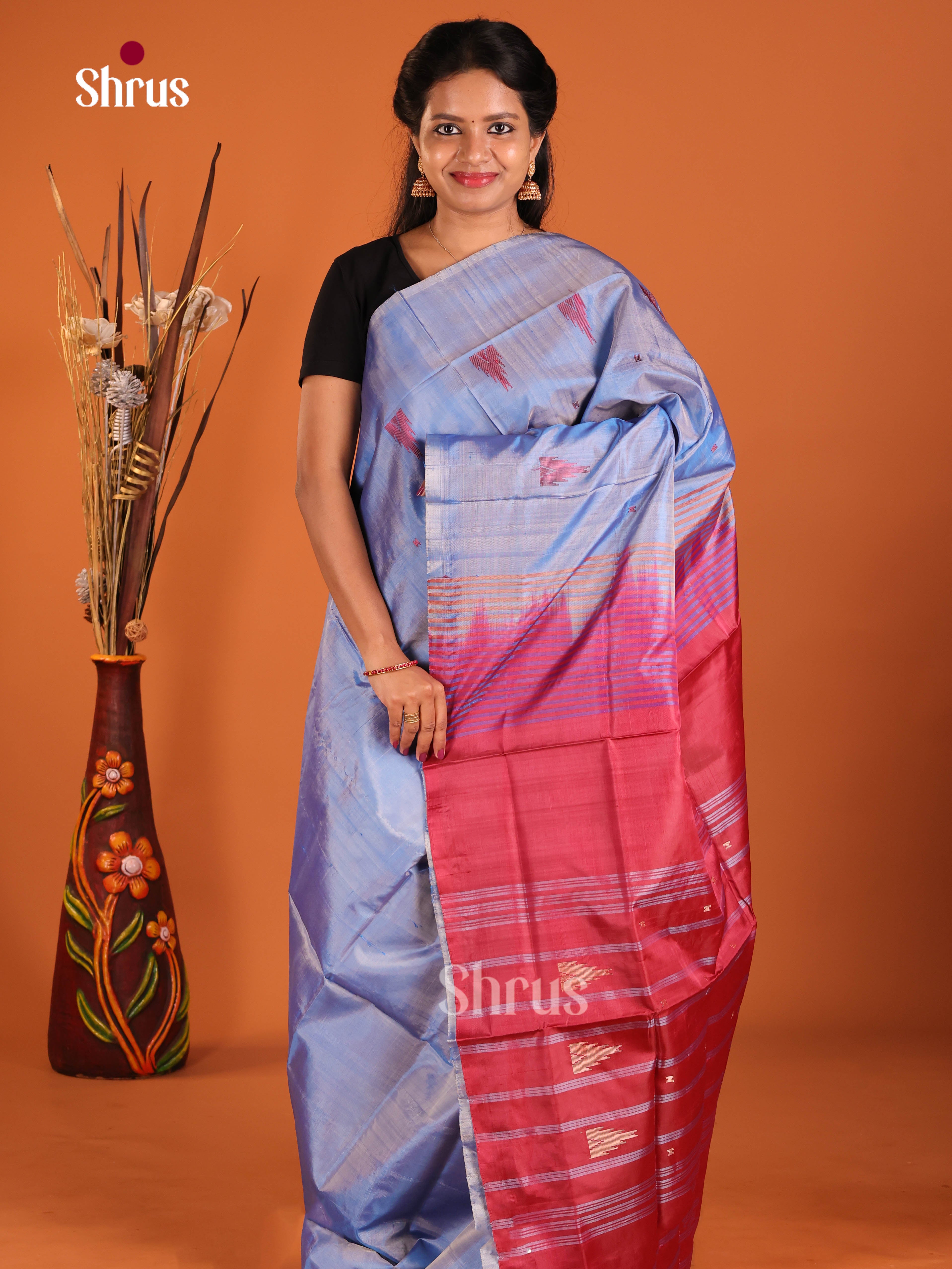 Blue & Maroon- Banana Pith without blouse Saree