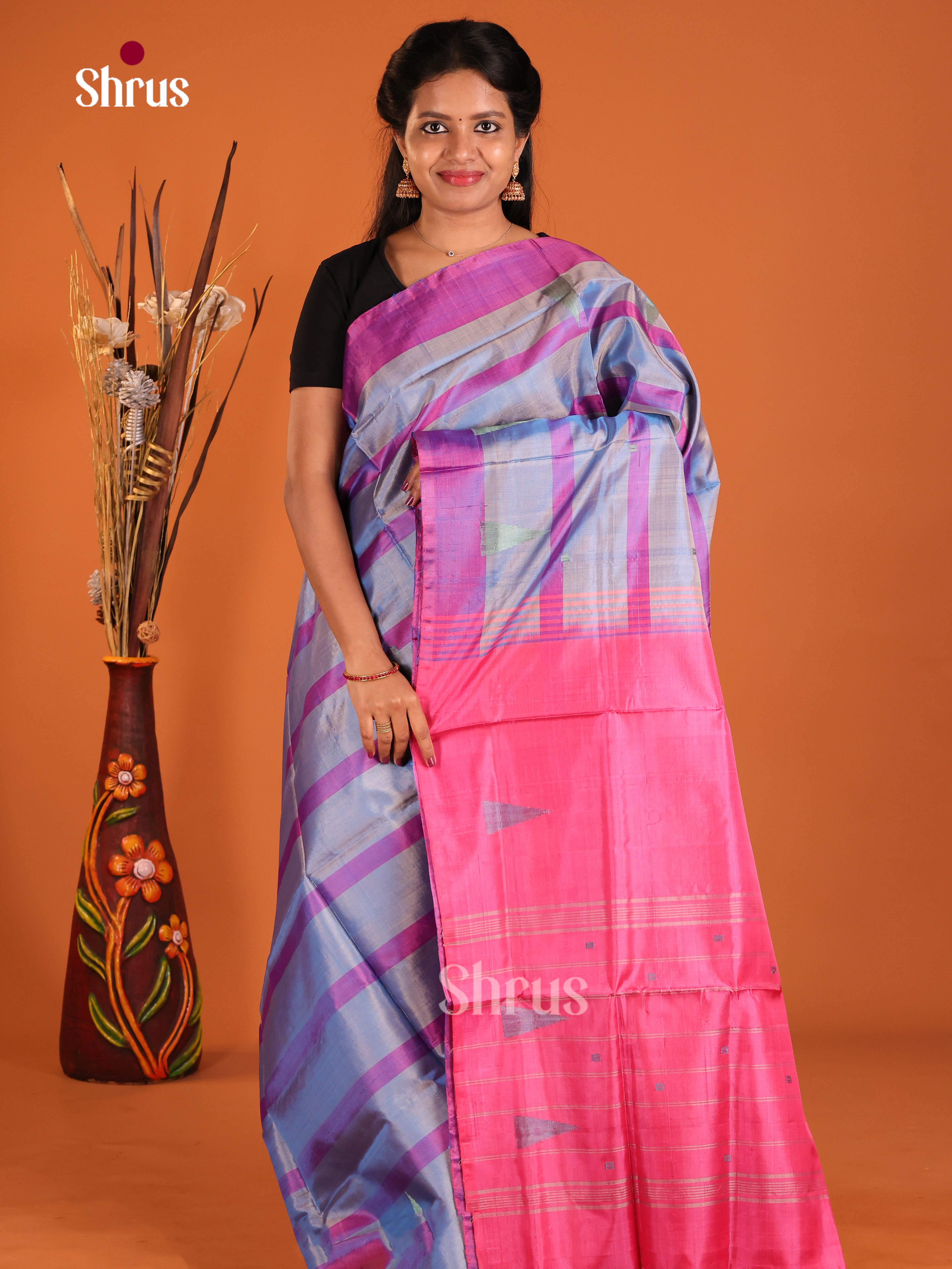 Grey & Pink- Banana Pith without blouse Saree - Shop on Shrus.com