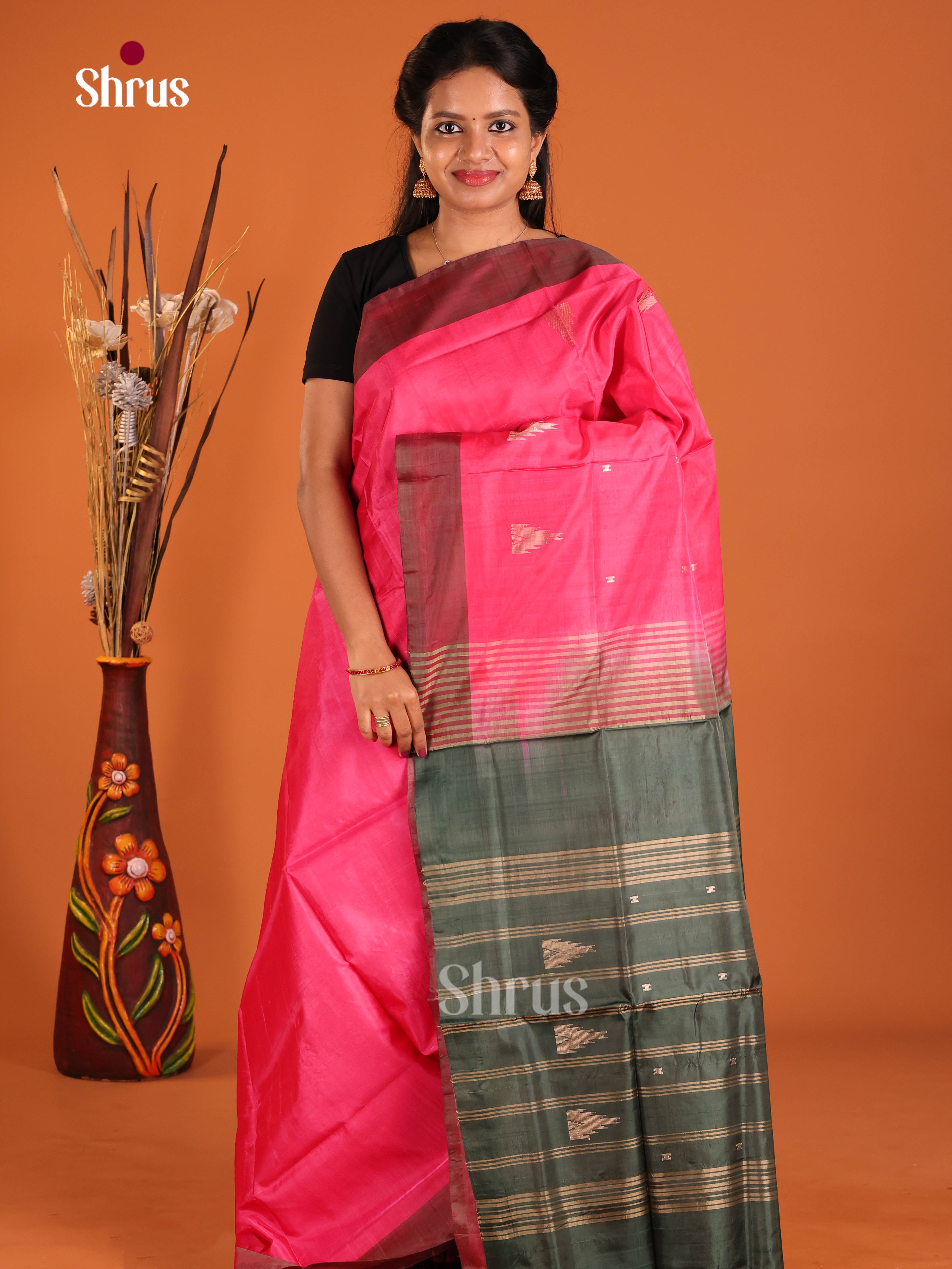 Pink & Green - Banana Pith without blouse Saree - Shop on Shrus.com